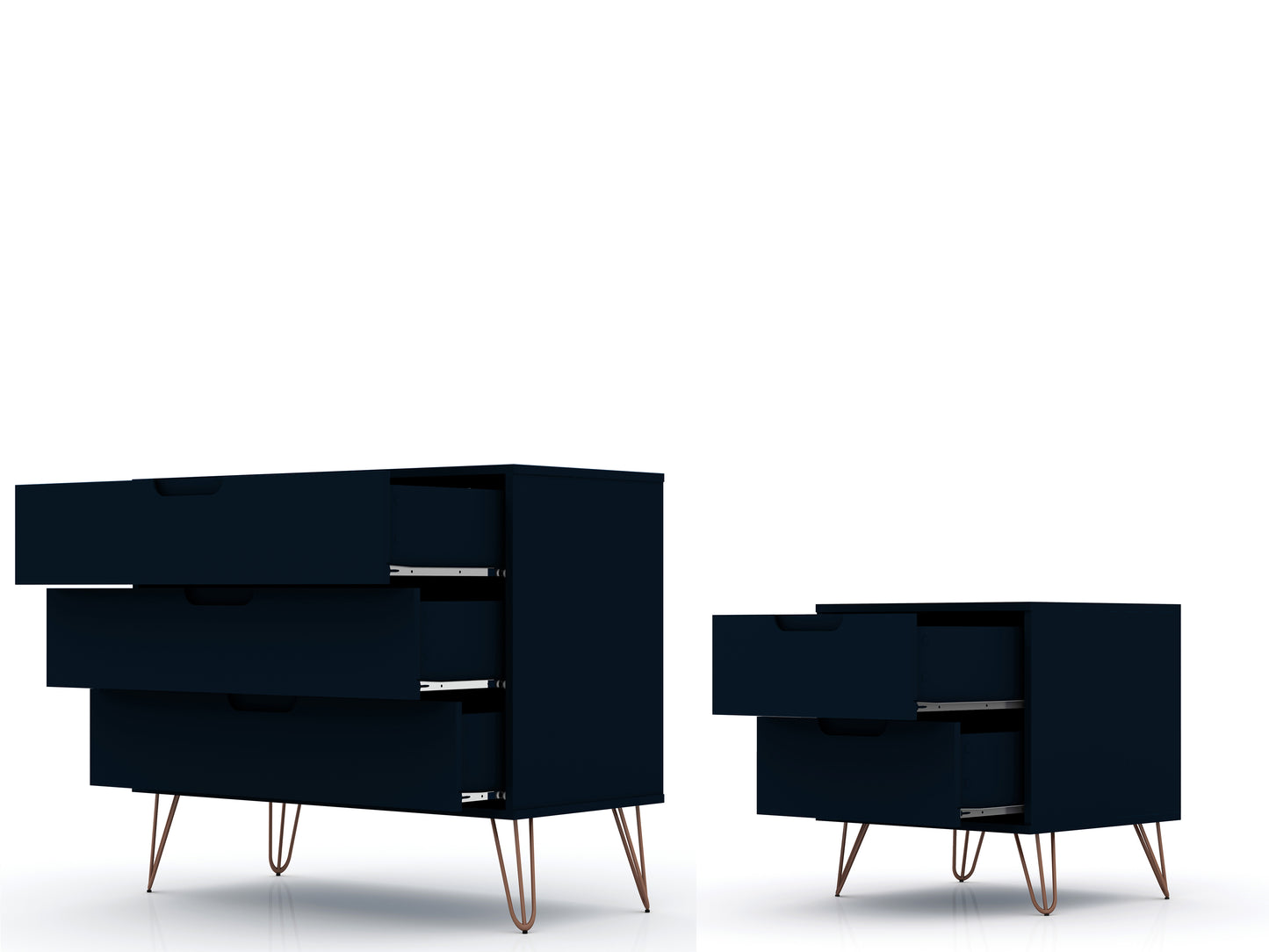 Manhattan Comfort Rockefeller Mic Century- Modern Dresser and Nightstand with Drawers- Set of 2 in Tatiana Midnight Blue 104GMC4