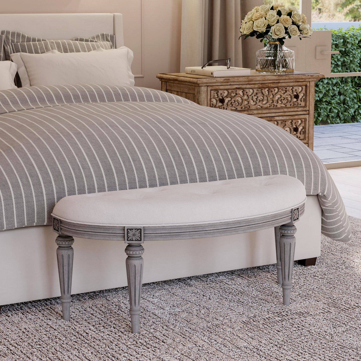Tamara Upholstered Demilune 45"W Bench in Gray 1120418