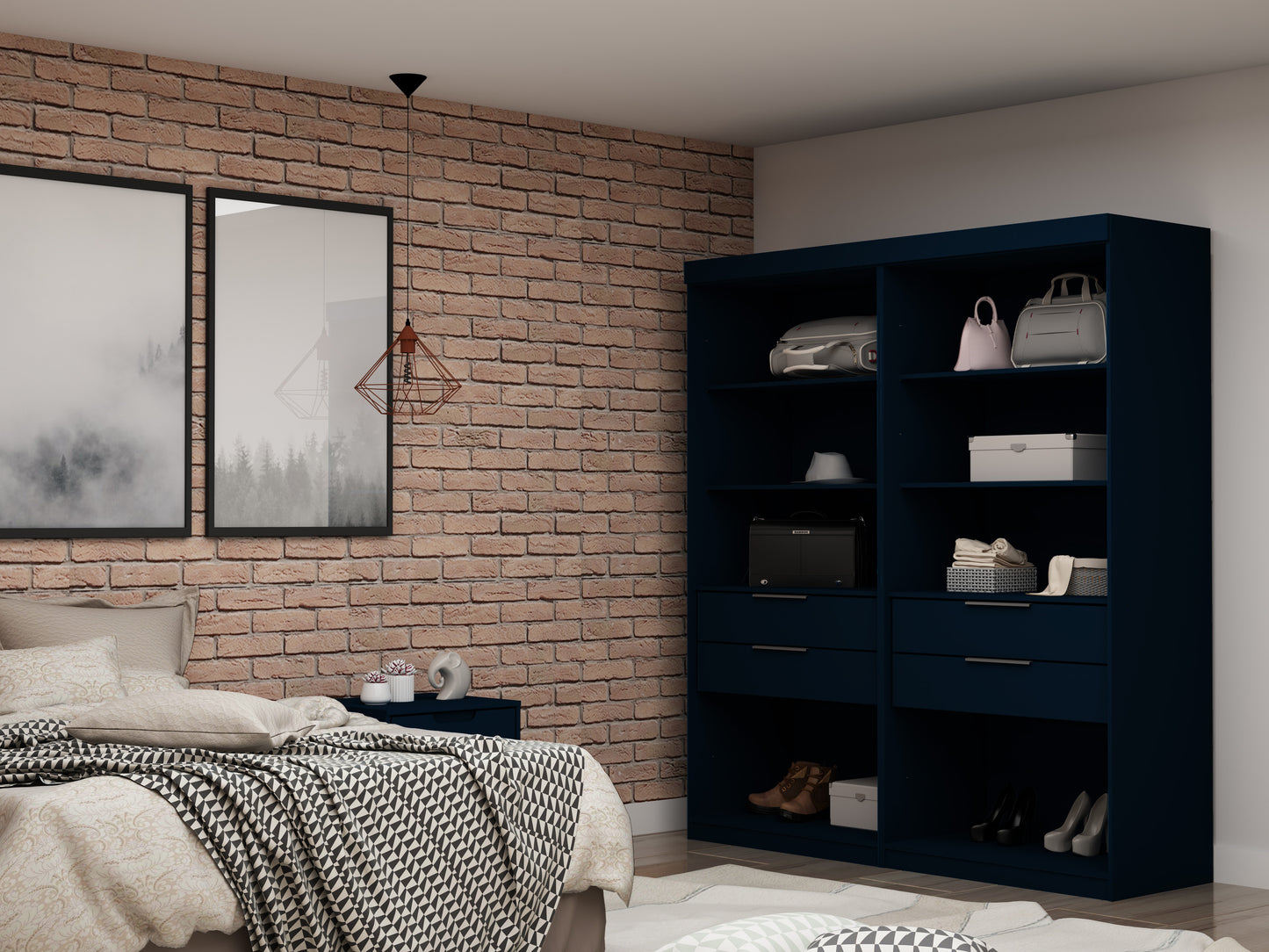 Manhattan Comfort Mulberry Open 2 Sectional Modern Wardrobe Closet with 4 Drawers - Set of 2 in Tatiana Midnight Blue 112GMC4