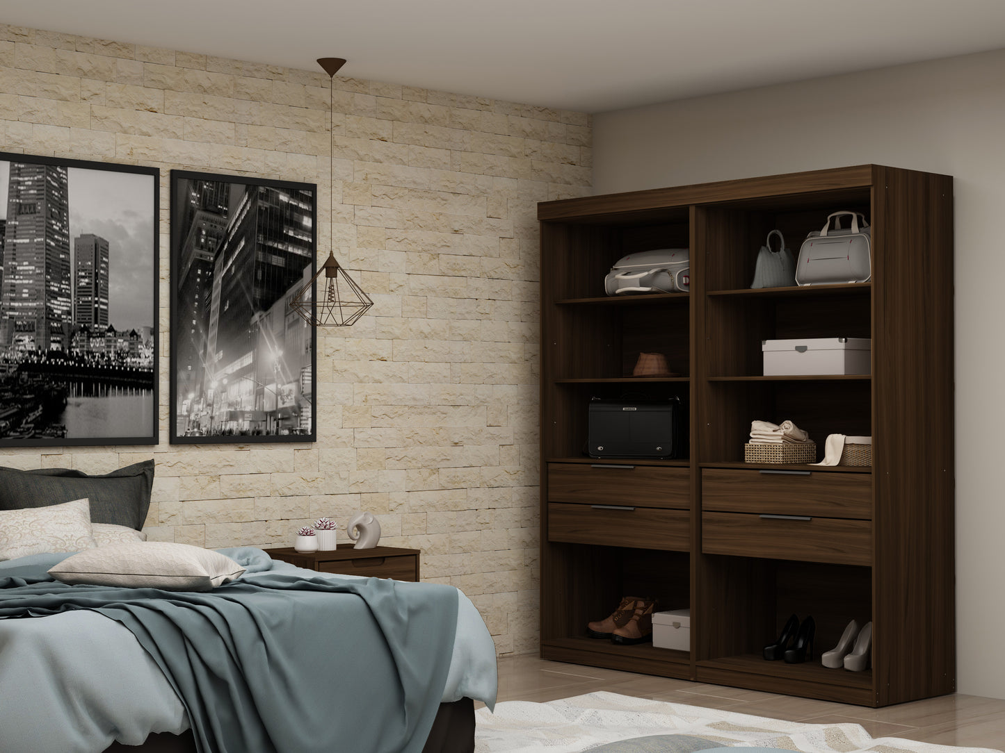 Manhattan Comfort Mulberry Open 2 Sectional Modern Wardrobe Closet with 4 Drawers - Set of 2 in Brown 112GMC5
