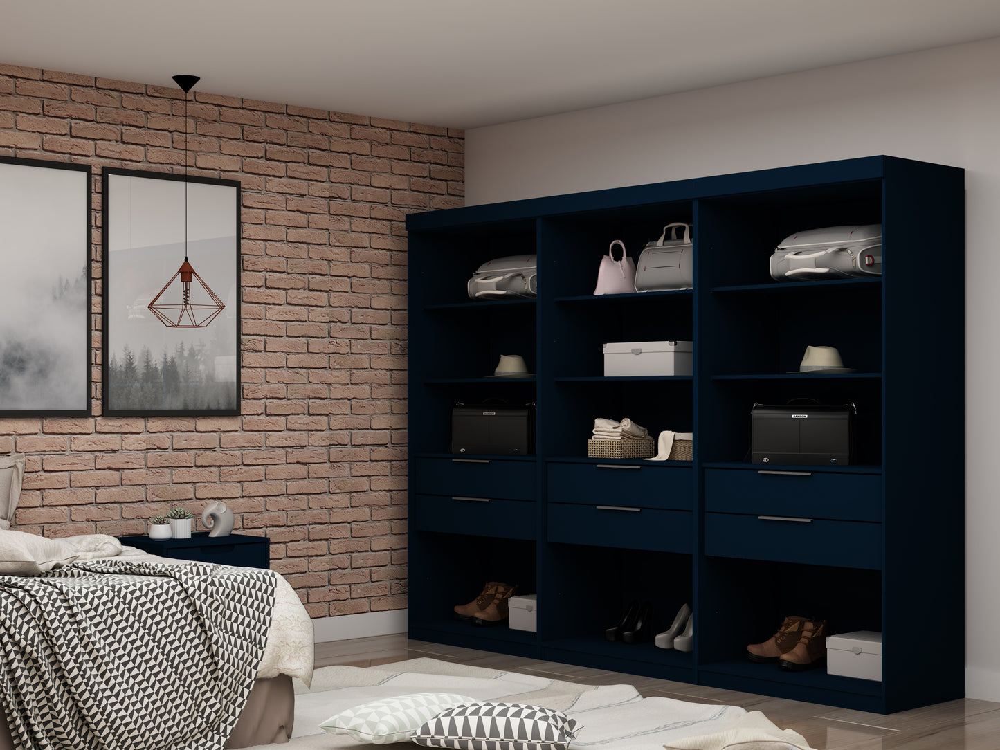 Manhattan Comfort Mulberry Open 3 Sectional Modem Wardrobe Closet with 6 Drawers - Set of 3 in Tatiana Midnight Blue 113GMC4