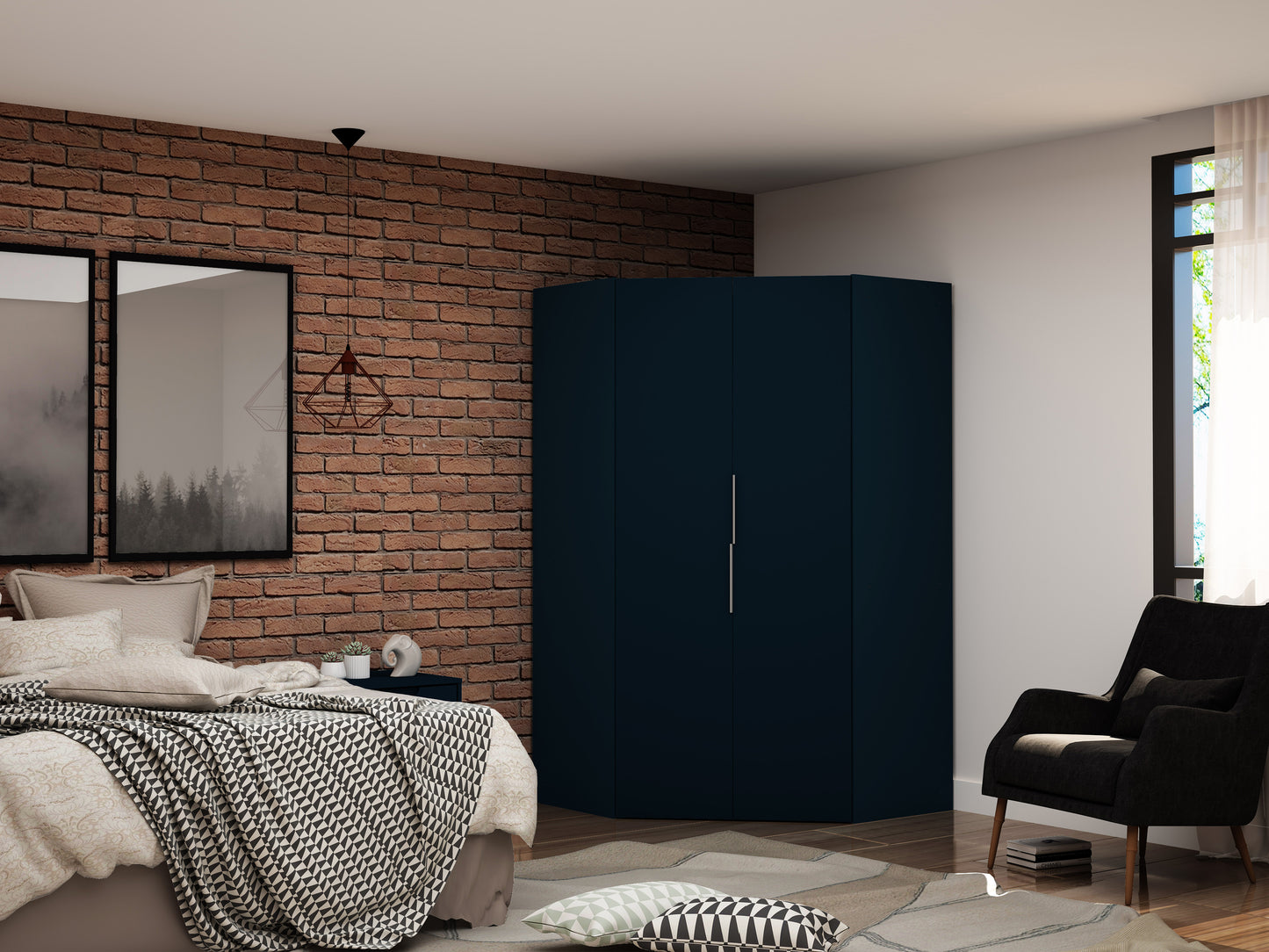Manhattan Comfort Mulberry 2.0 Modern Corner Wardrobe Closet with 2 Hanging Rods in Tatiana Midnight Blue 115GMC4