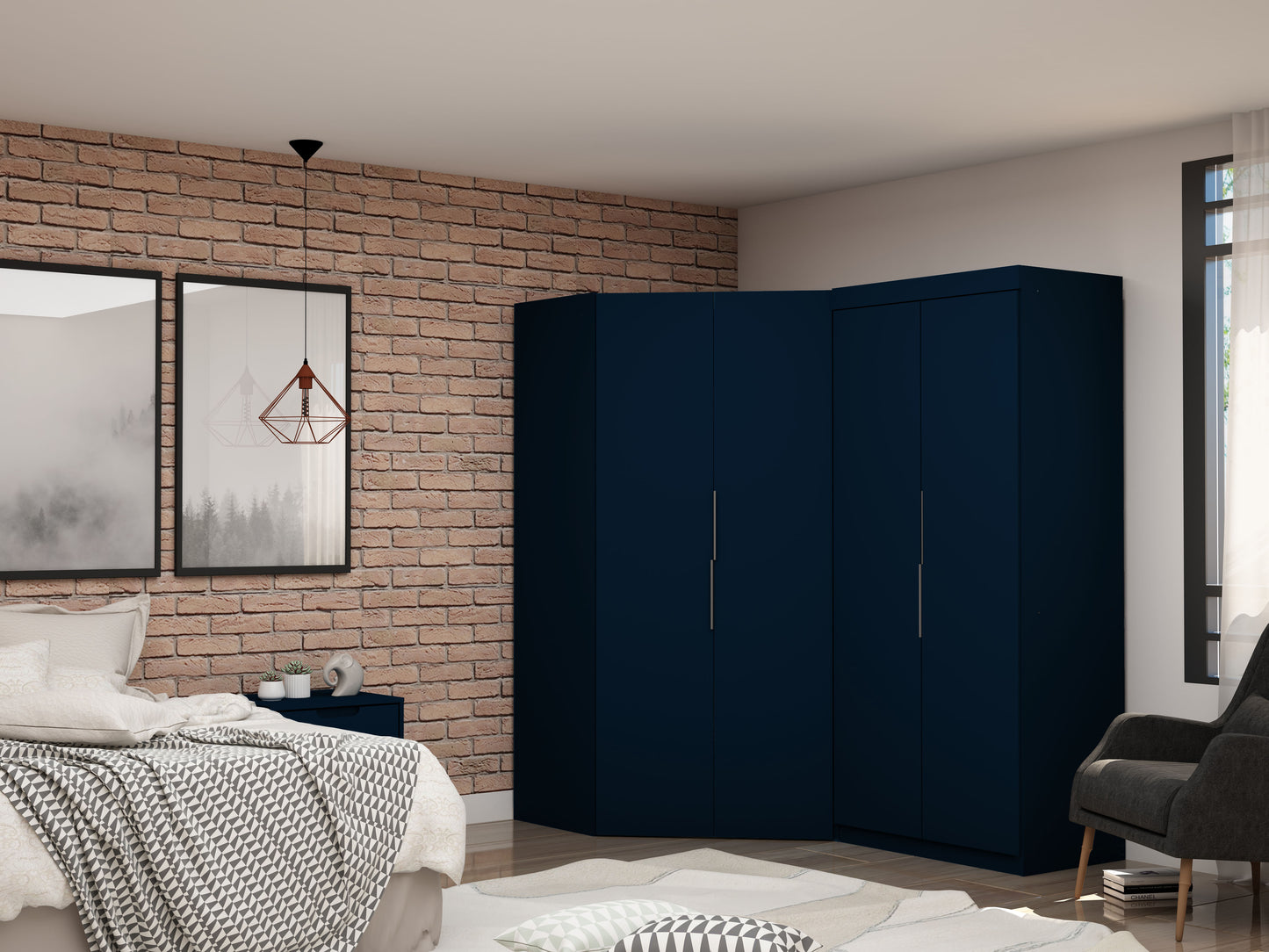 Manhattan Comfort Mulberry 3.0 Sectional Modern Corner Wardrobe Closet with 2 Drawers - Set of 2 in Tatiana Midnight Blue 117GMC4