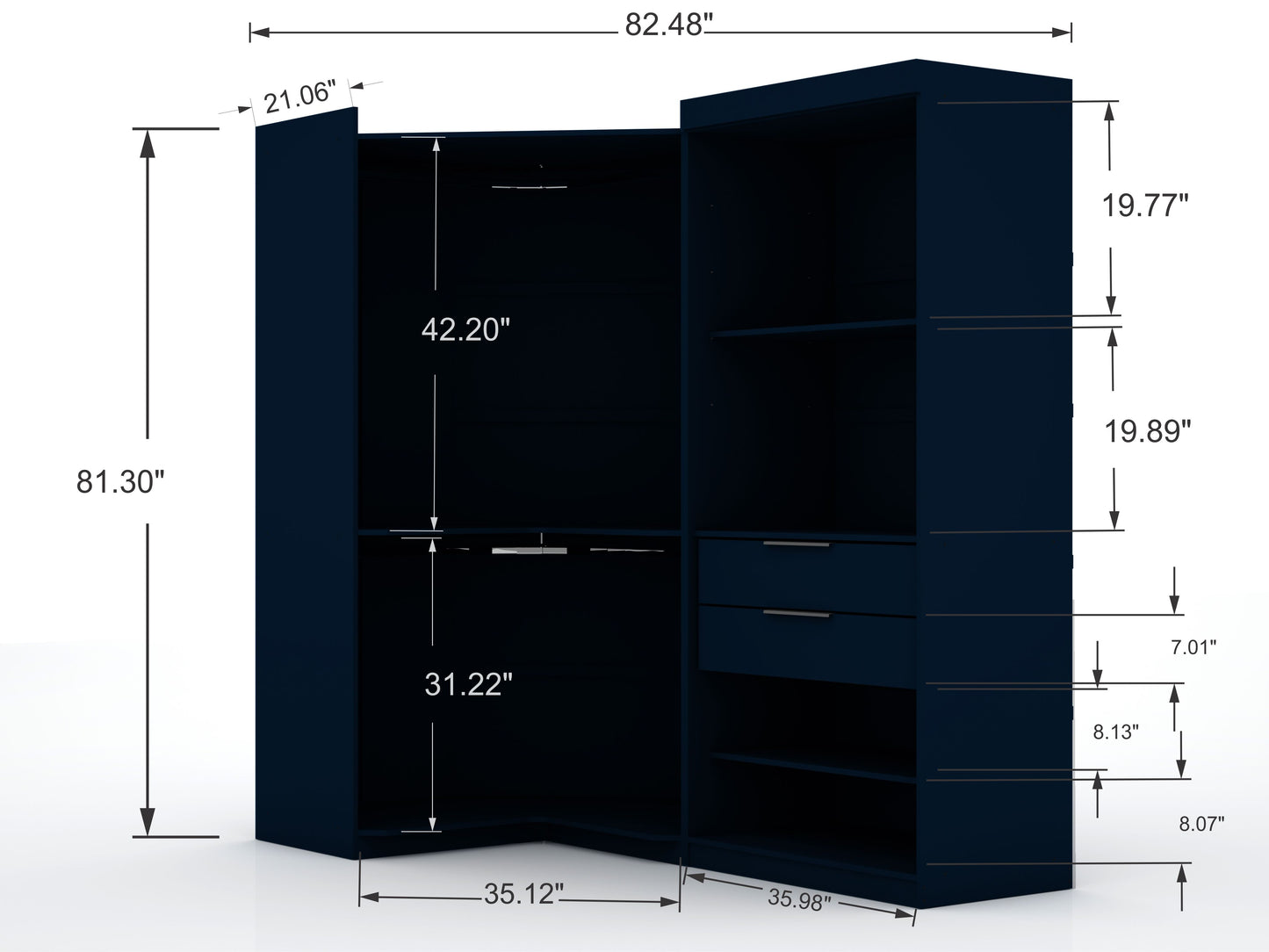 Manhattan Comfort Mulberry 3.0 Sectional Modern Corner Wardrobe Closet with 2 Drawers - Set of 2 in Tatiana Midnight Blue 117GMC4
