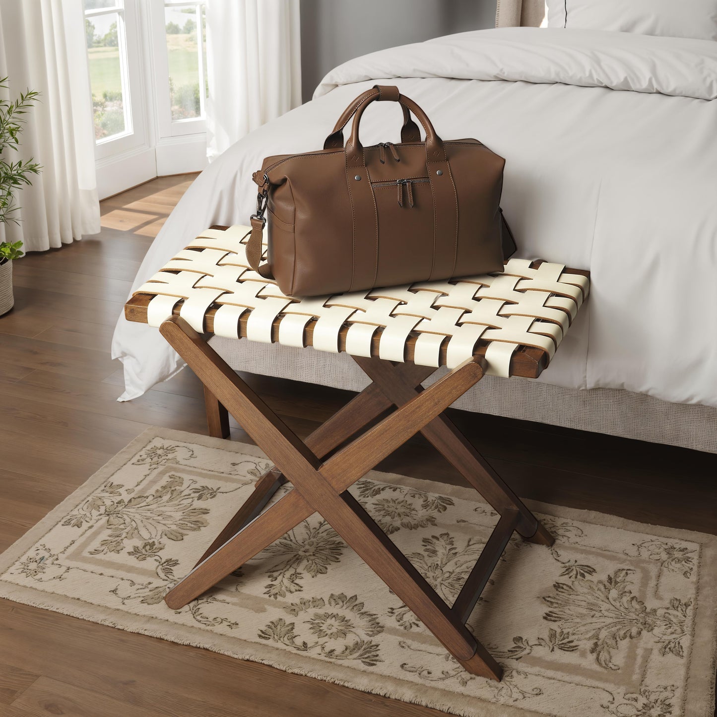 Butler Specialty Company Cipriani 24 in. W Rectangular Leather and Wood Luggage Rack, White, Brown