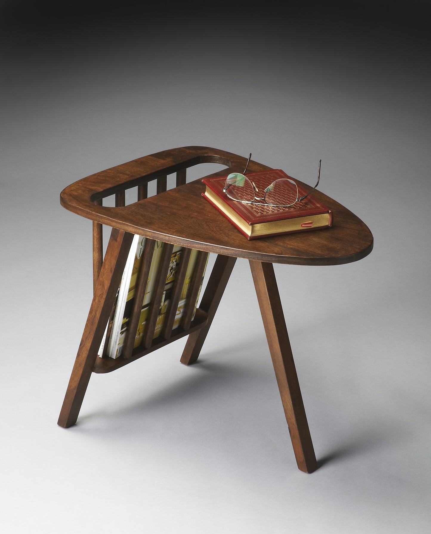 Butler Specialty Company Lowery 15 in. W Triangular Wood Modern Side Table with Magazine Holder, Dark Brown
