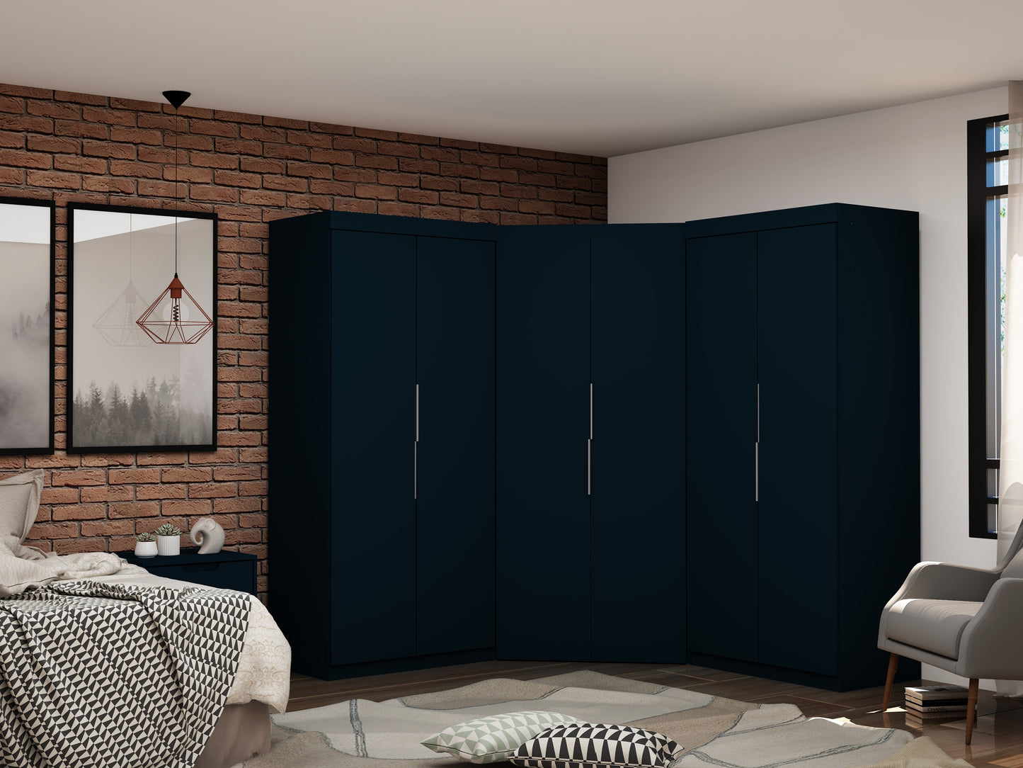 Manhattan Comfort Mulberry 3.0 Sectional Modern Wardrobe Corner Closet with 4 Drawers - Set of 3 in Tatiana Midnight Blue 119GMC4