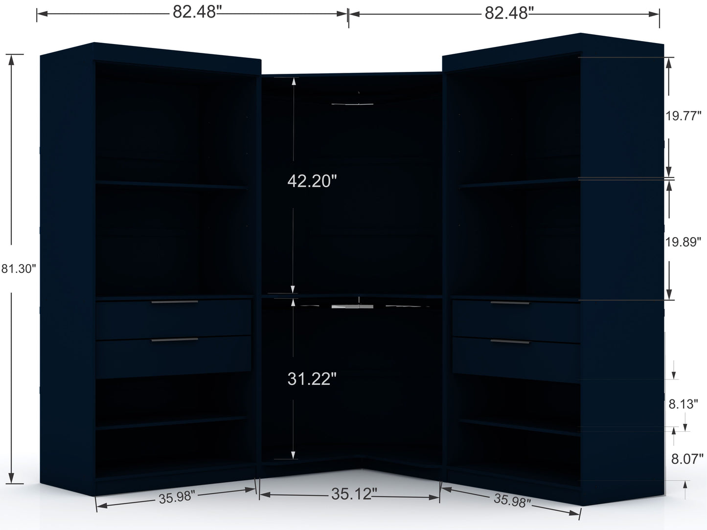 Manhattan Comfort Mulberry 3.0 Sectional Modern Wardrobe Corner Closet with 4 Drawers - Set of 3 in Tatiana Midnight Blue 119GMC4