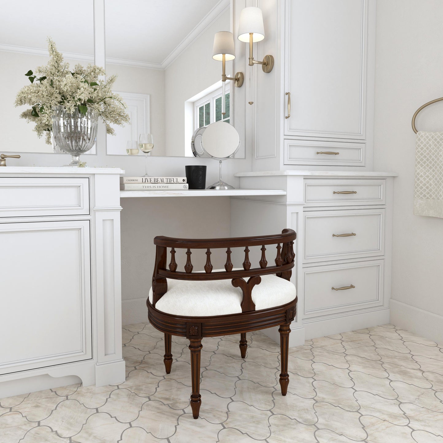 Butler Specialty Company Hathaway 22.5 in. W Oval Upholstered and Wood Traditional Vanity Seat, Medium Brown