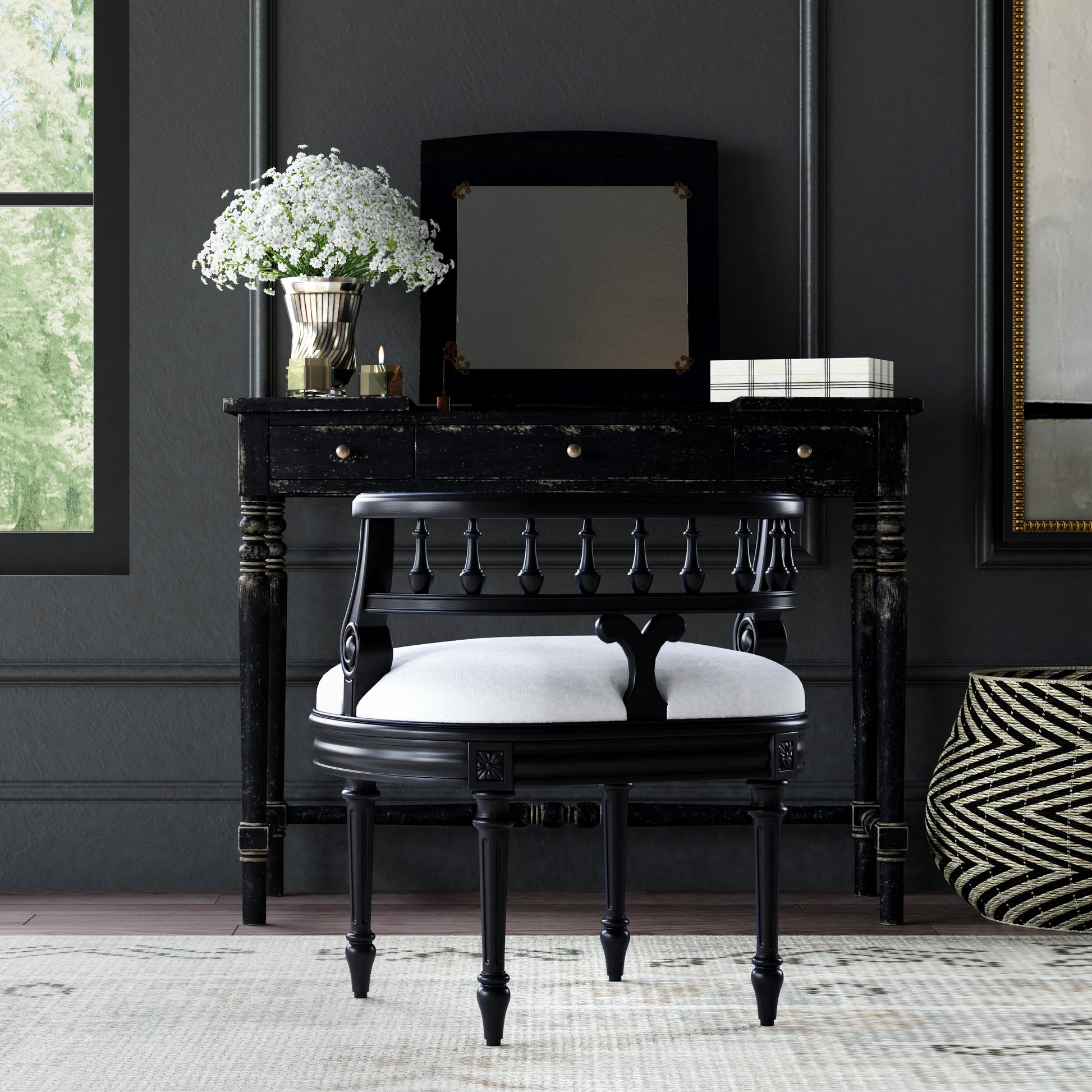 Butler Specialty Company Hathaway 22.5 in. W Oval Upholstered and Wood Traditional Vanity Seat, Black