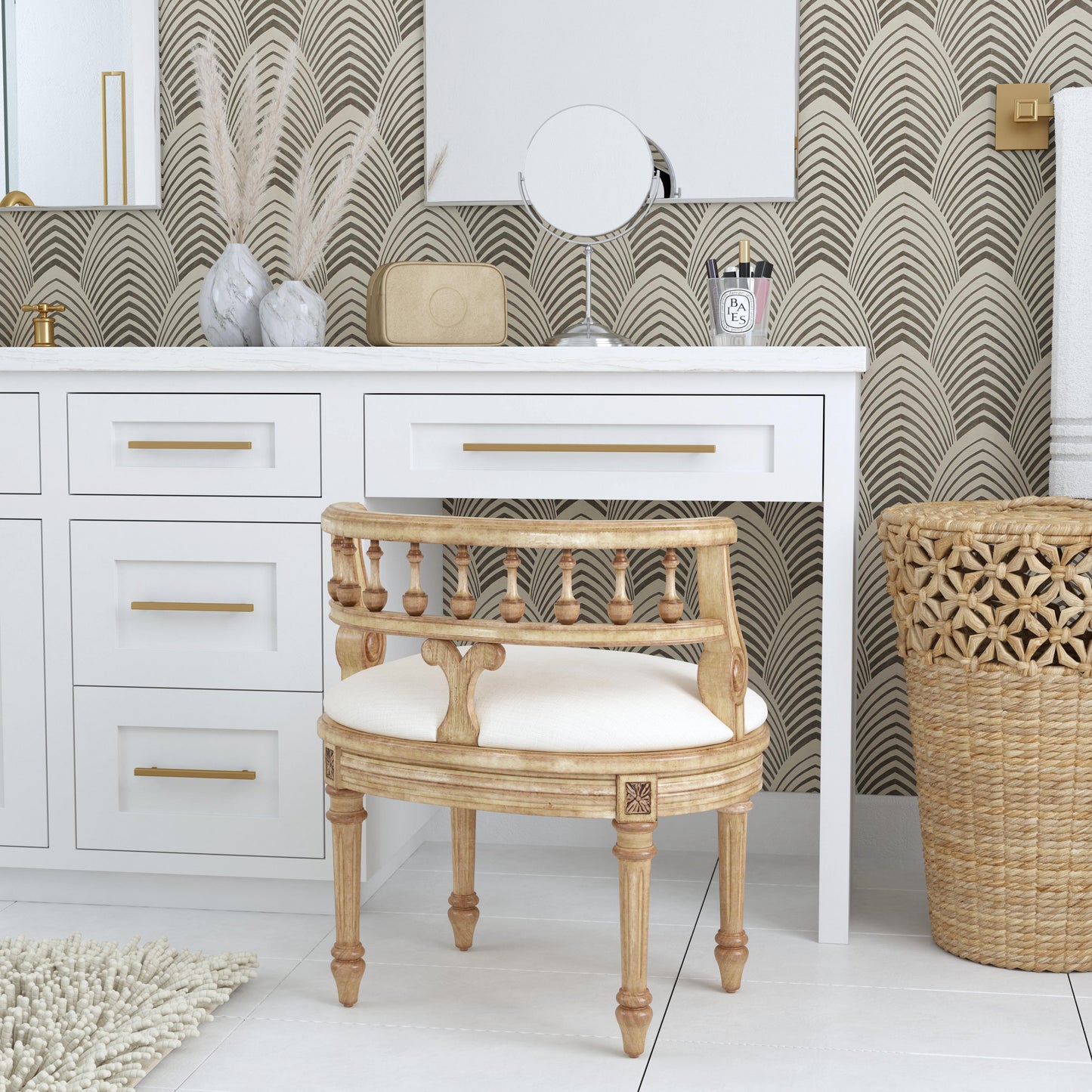 Butler Specialty Company Hathaway 22.5 in. W Oval Upholstered and Wood Traditional Vanity Seat, Beige