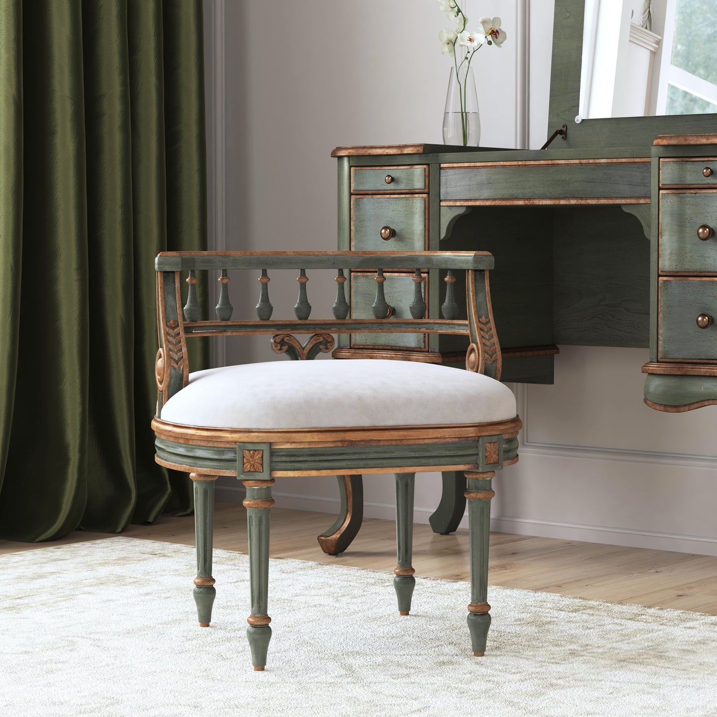 Butler Specialty Company Hathaway 22.5 in. W Oval Upholstered and Wood Traditional Vanity Seat, Pastel Green