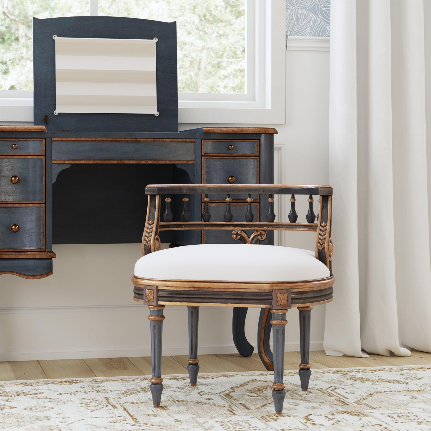 Butler Specialty Company Hathaway 22.5 in. W Oval Upholstered and Wood Traditional Vanity Seat, Pastel Blue