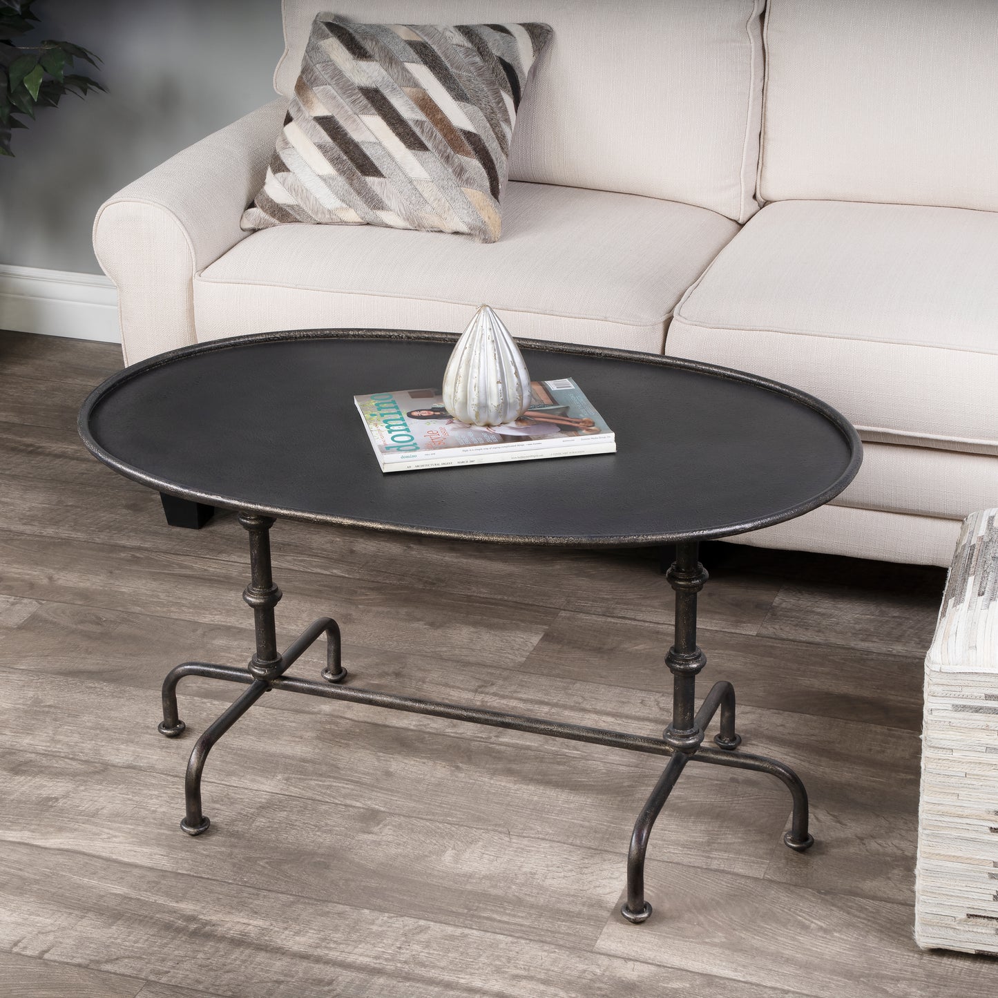Butler Specialty Company Kira 38 in. W Oval Metal Industrial Coffee Table with Tray Top Edging, Silver