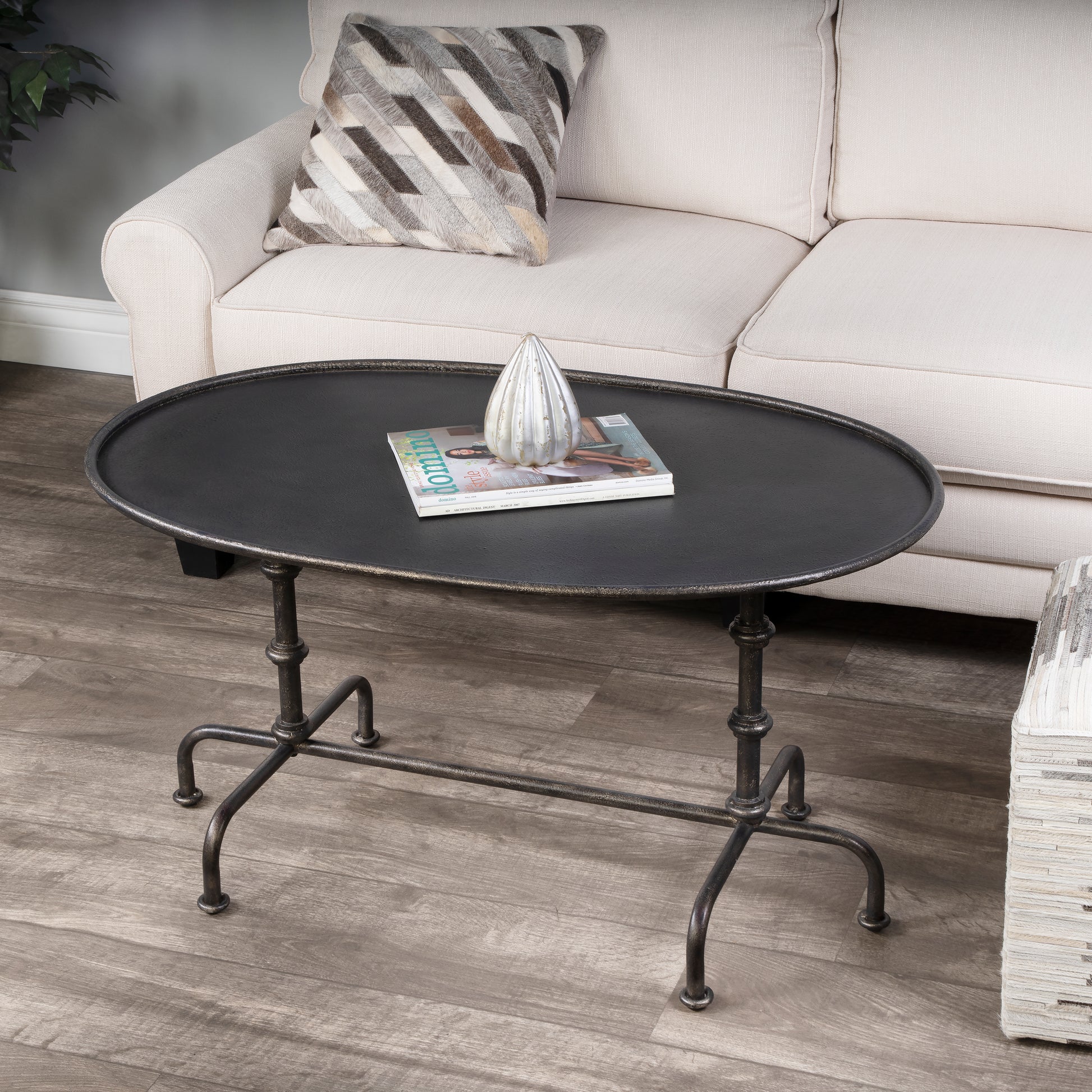 Butler Specialty Company Kira 38 in. W Oval Metal Industrial Coffee Table with Tray Top Edging, Silver