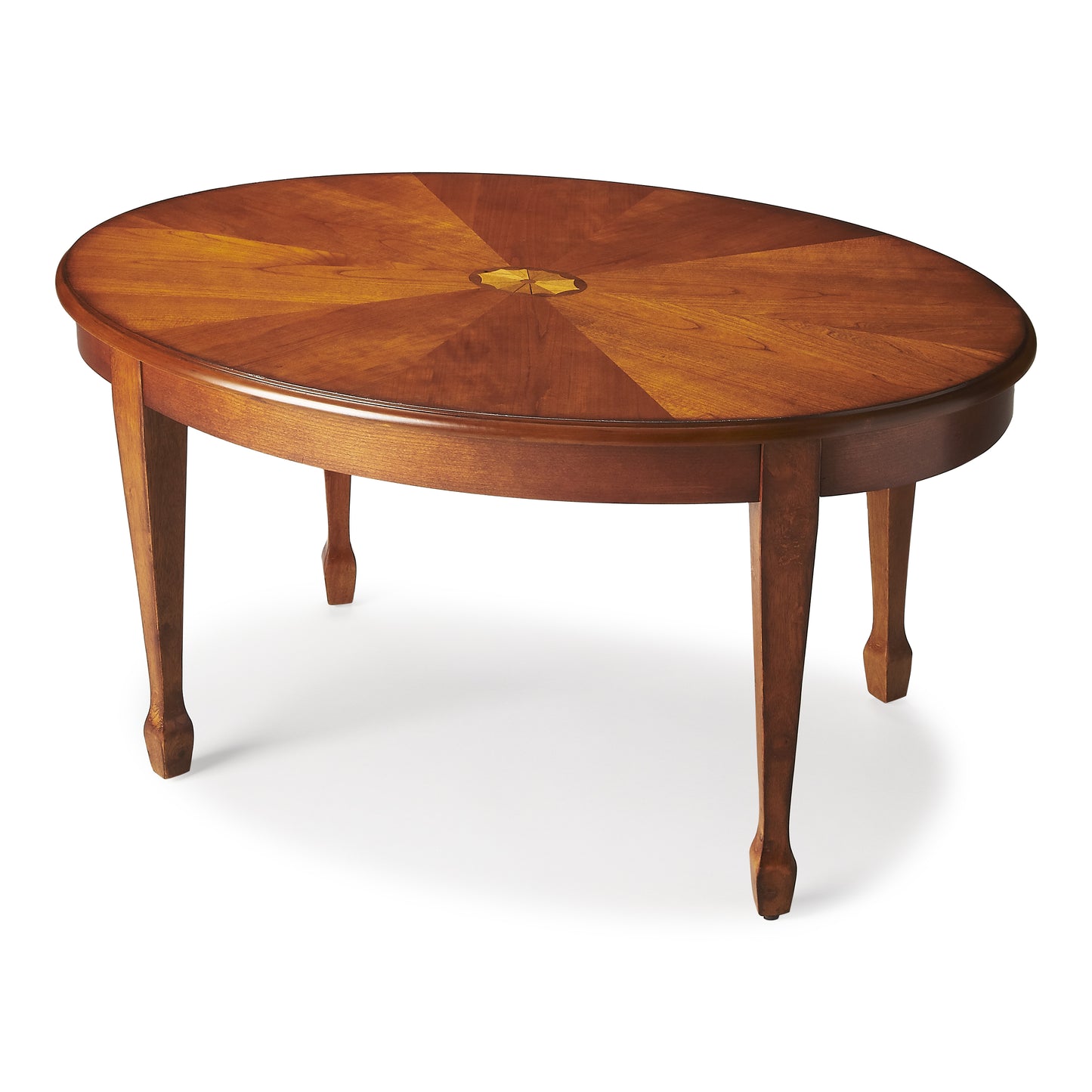 Butler Specialty Company Clayton 38 in. W Oval Wood Coffee Table with Veneer Linen-Fold Inlay, Medium Brown