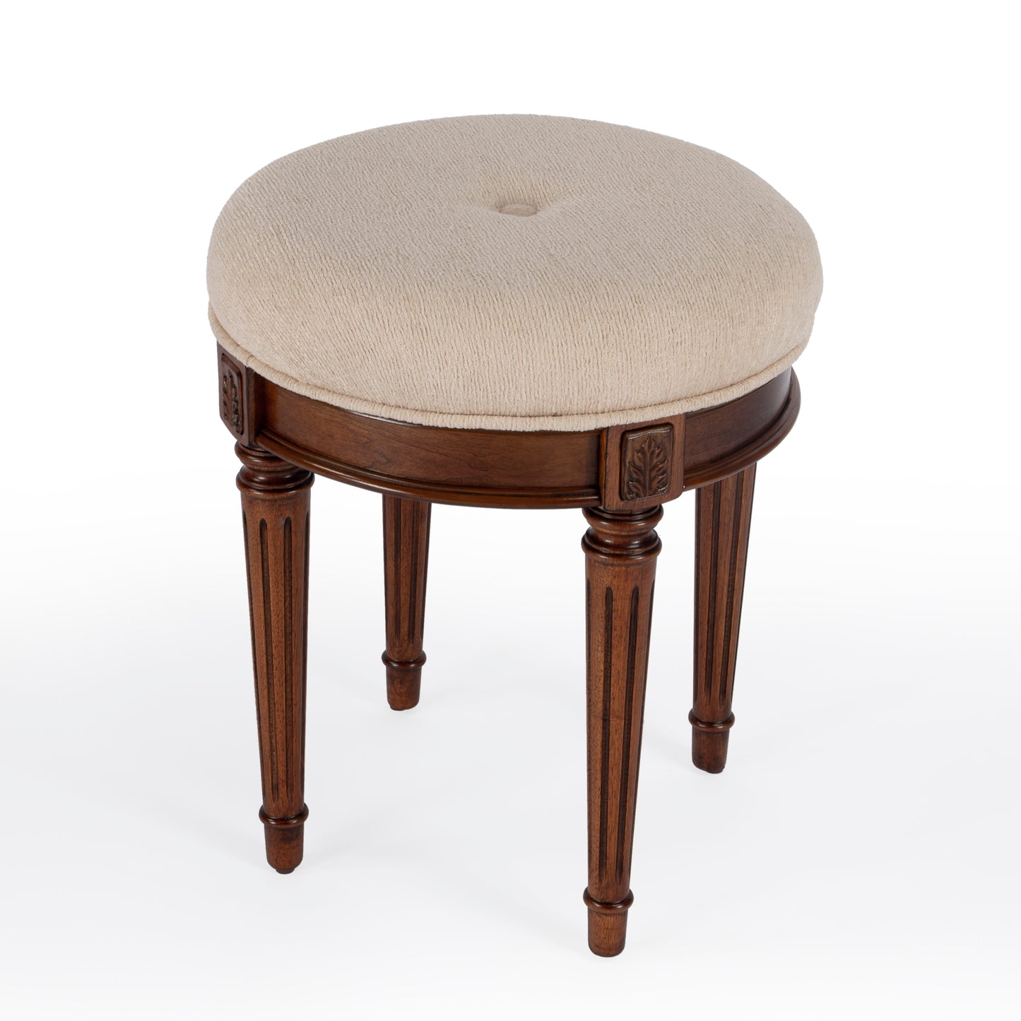 Butler Specialty Company Bernadette 18.5 in. Seat Height Round Upholstered and Wood Traditional Vanity Stool, Medium Brown