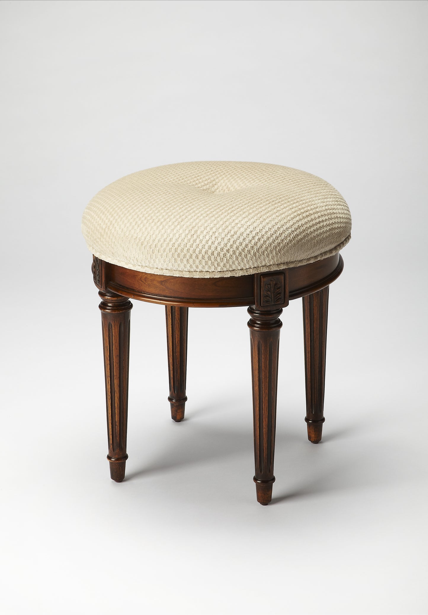 Butler Specialty Company Bernadette 18.5 in. Seat Height Round Upholstered and Wood Traditional Vanity Stool, Medium Brown