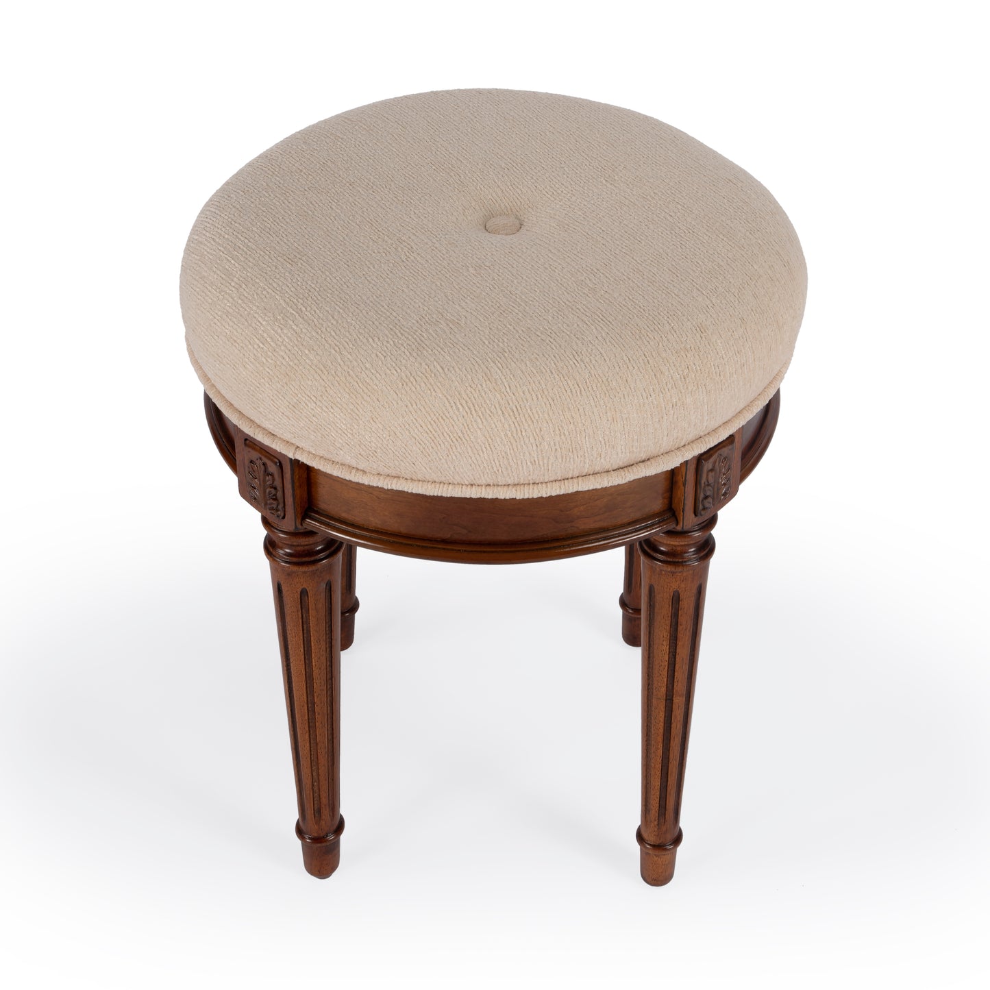 Butler Specialty Company Bernadette 18.5 in. Seat Height Round Upholstered and Wood Traditional Vanity Stool, Medium Brown