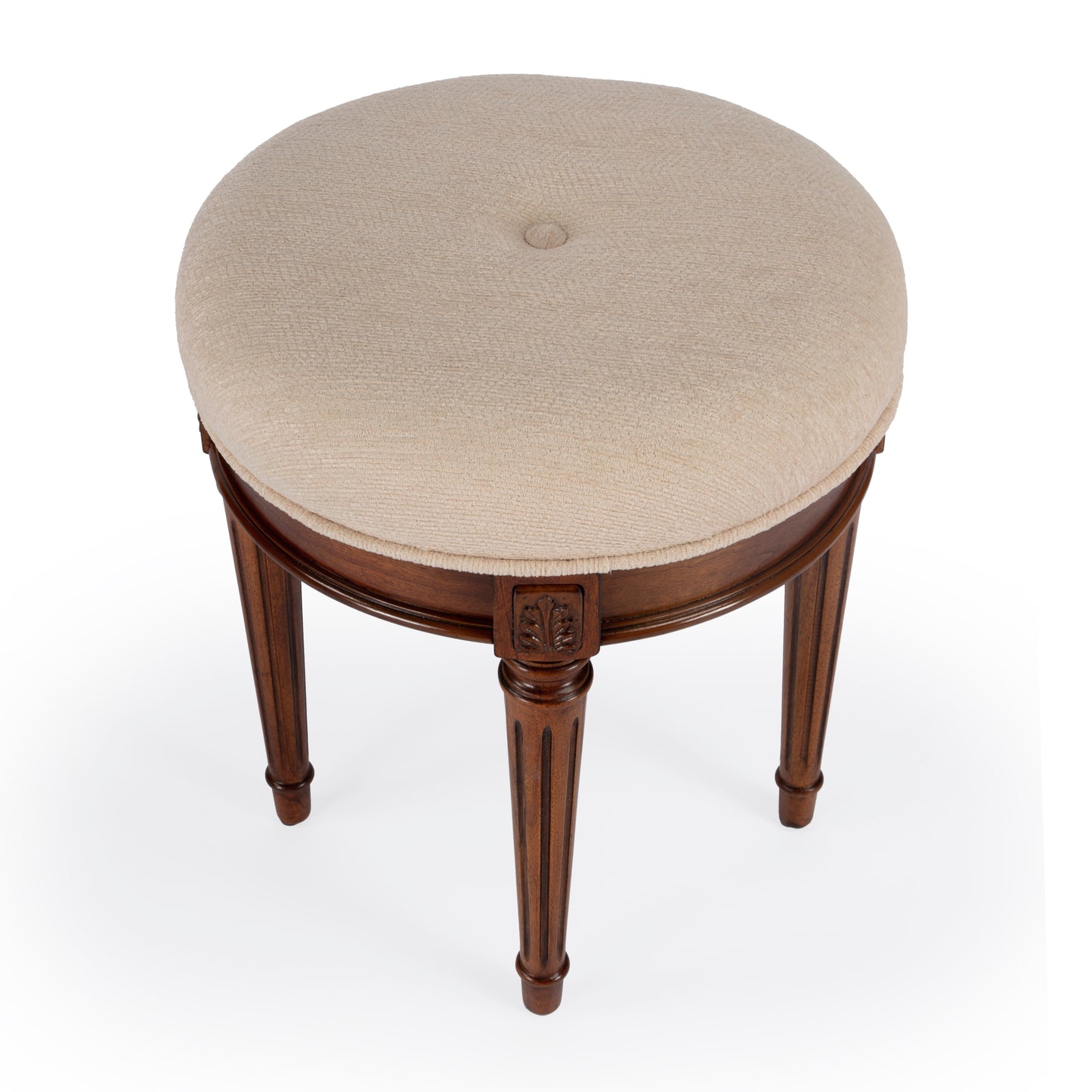 Butler Specialty Company Bernadette 18.5 in. Seat Height Round Upholstered and Wood Traditional Vanity Stool, Medium Brown