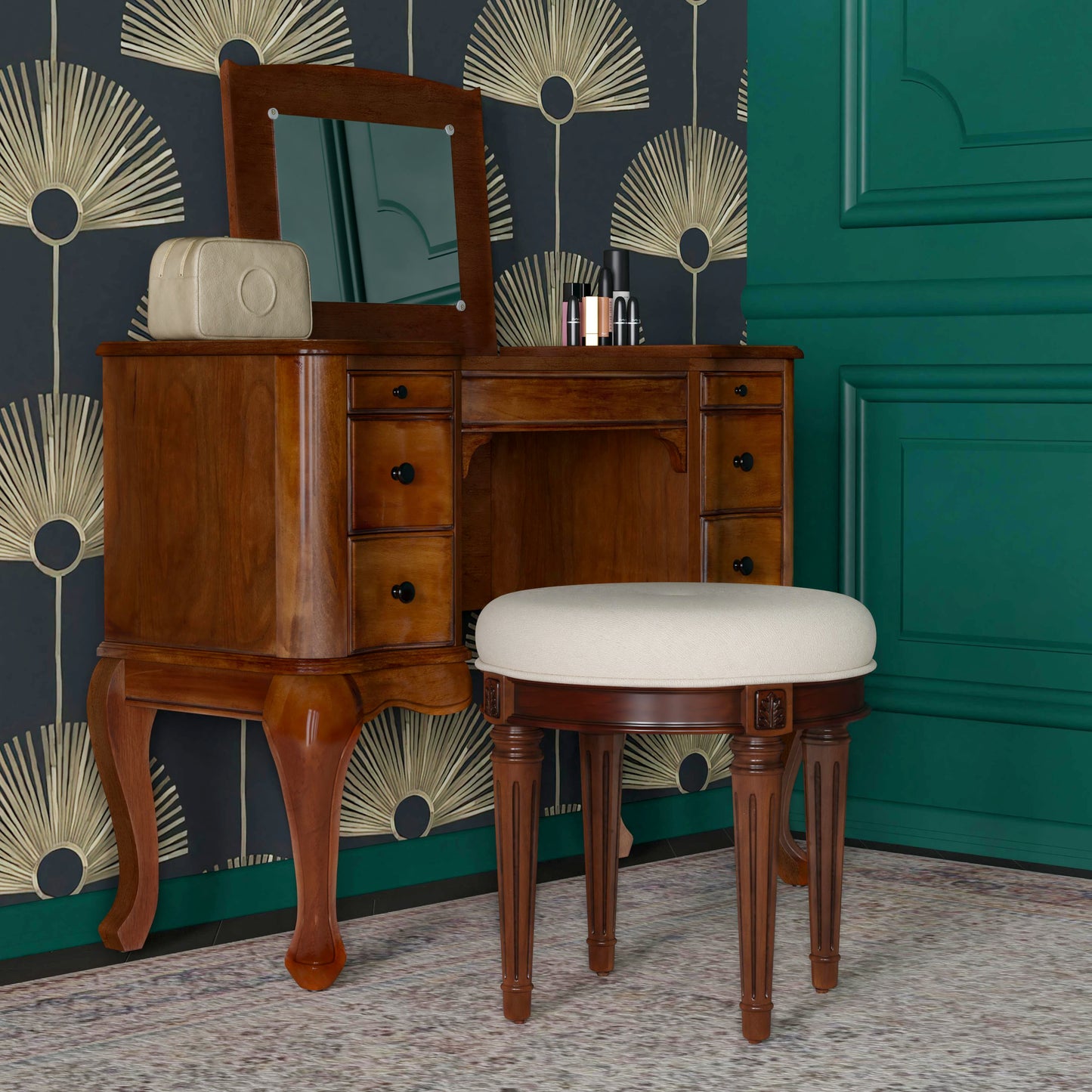 Butler Specialty Company Bernadette 18.5 in. Seat Height Round Upholstered and Wood Traditional Vanity Stool, Medium Brown