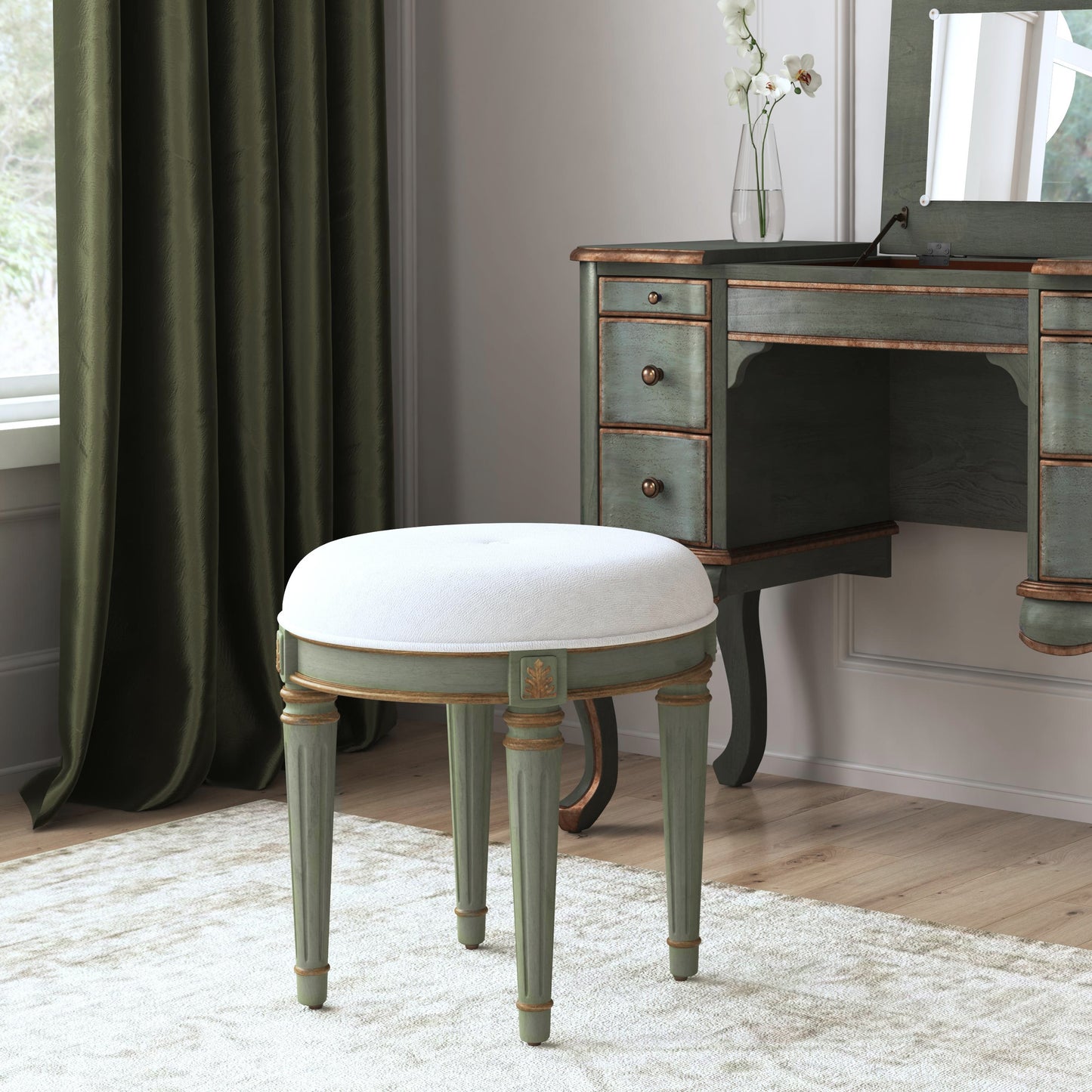 Butler Specialty Company Bernadette 18.5 in. Seat Height Round Upholstered and Wood Traditional Vanity Stool, Green