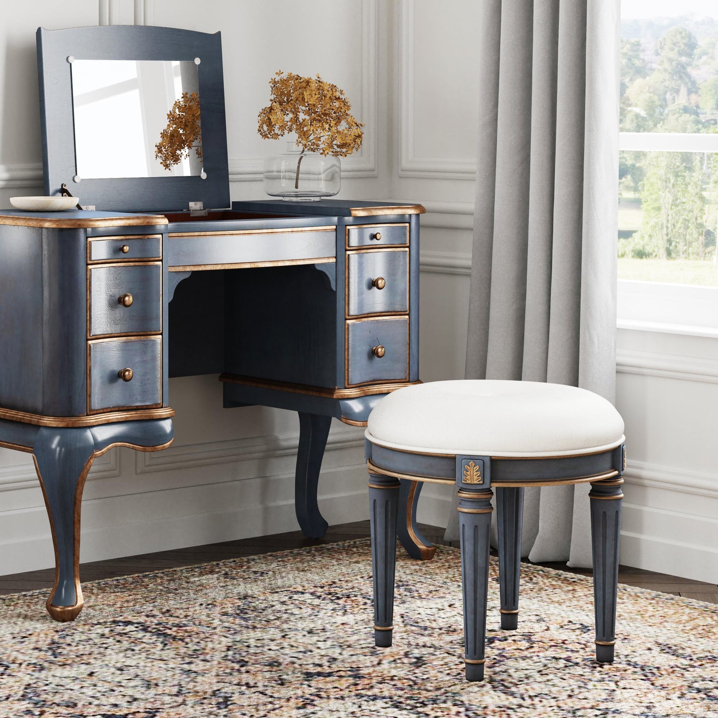 Butler Specialty Company Bernadette 18.5 in. Seat Height Round Upholstered and Wood Traditional Vanity Stool, Blue