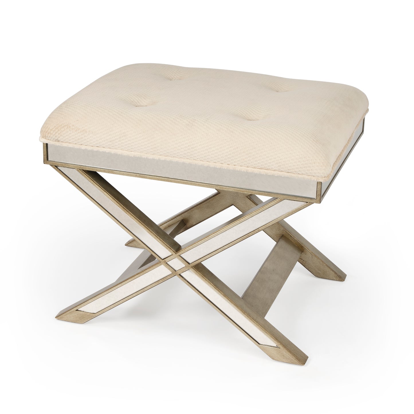 Butler Specialty Company Marlo 26 in. W Rectangular Wood and Antique Mirrored Upholstered Vanity Stool, Cream