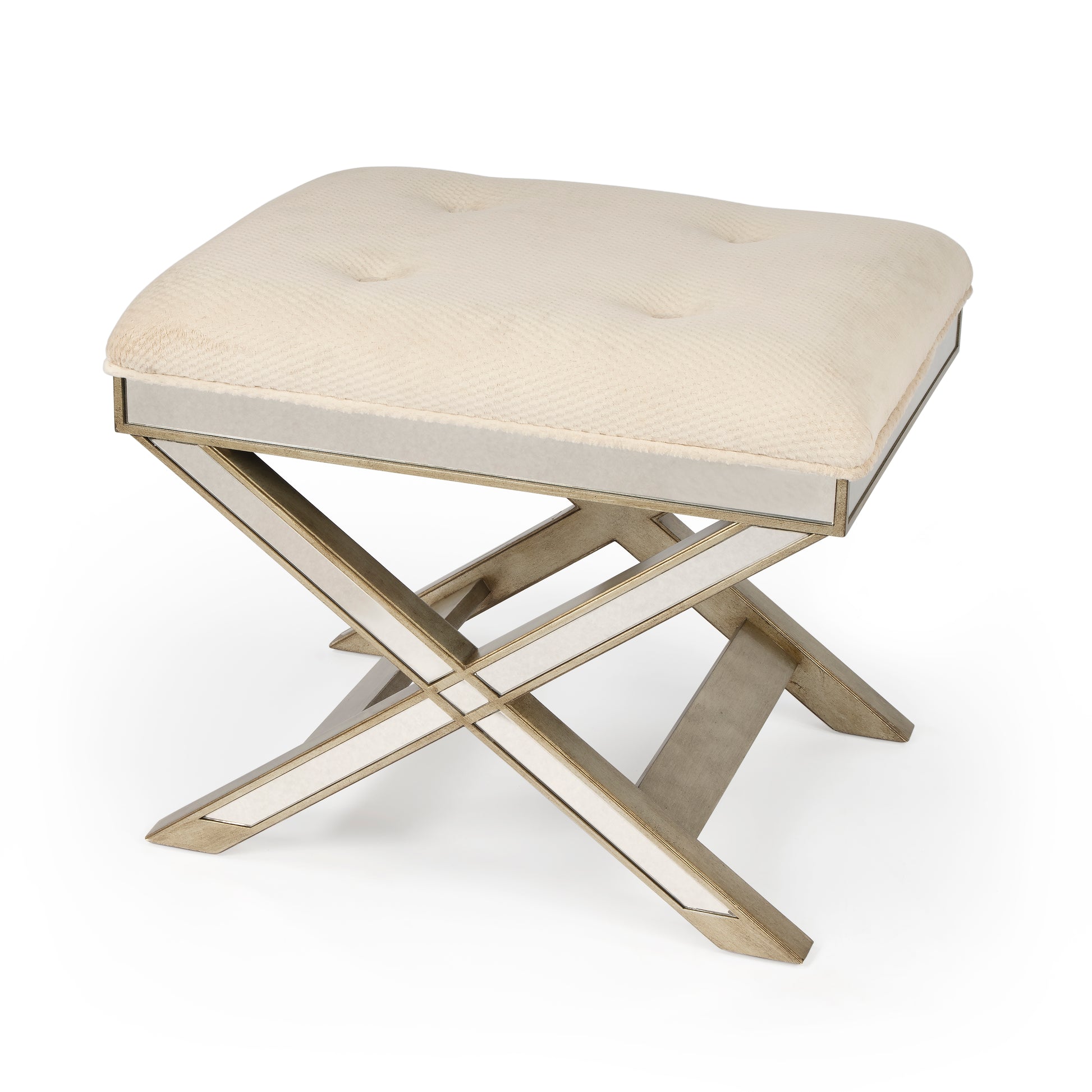 Butler Specialty Company Marlo 26 in. W Rectangular Wood and Antique Mirrored Upholstered Vanity Stool, Cream