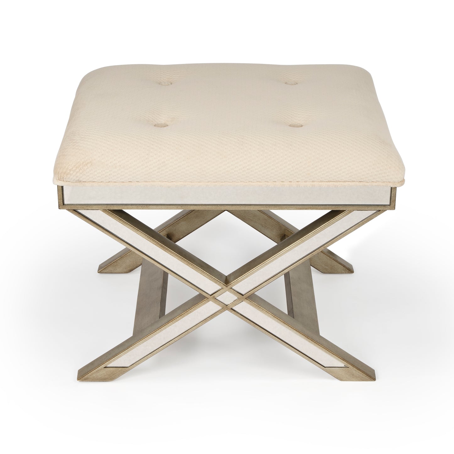 Butler Specialty Company Marlo 26 in. W Rectangular Wood and Antique Mirrored Upholstered Vanity Stool, Cream