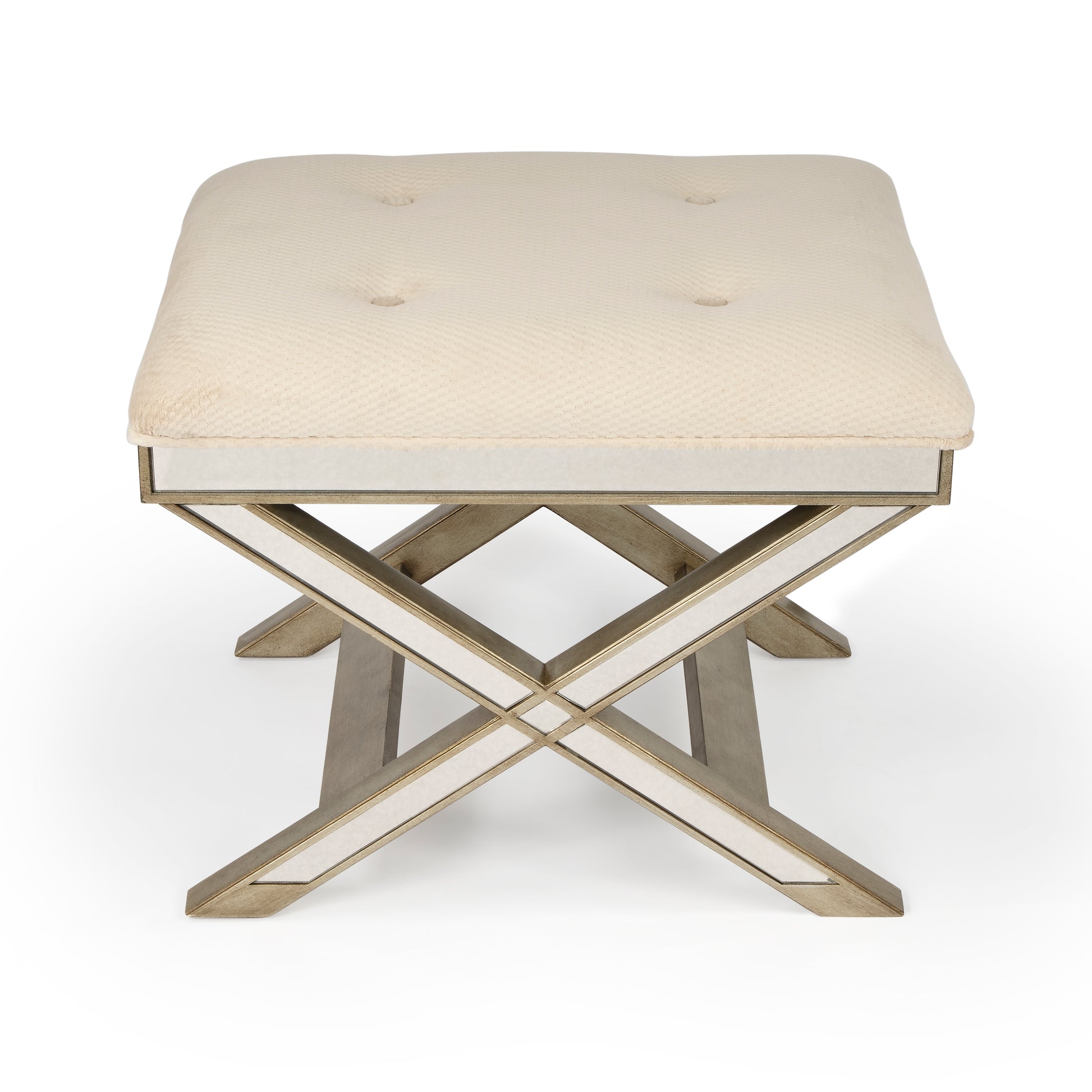 Butler Specialty Company Marlo 26 in. W Rectangular Wood and Antique Mirrored Upholstered Vanity Stool, Cream