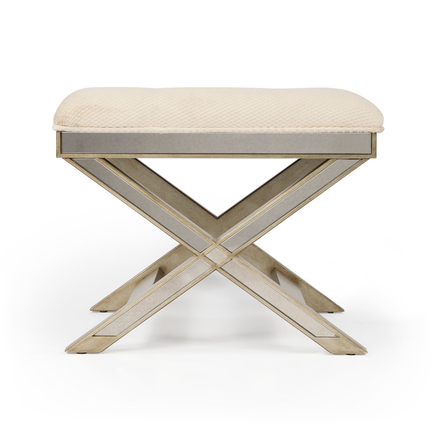 Butler Specialty Company Marlo 26 in. W Rectangular Wood and Antique Mirrored Upholstered Vanity Stool, Cream