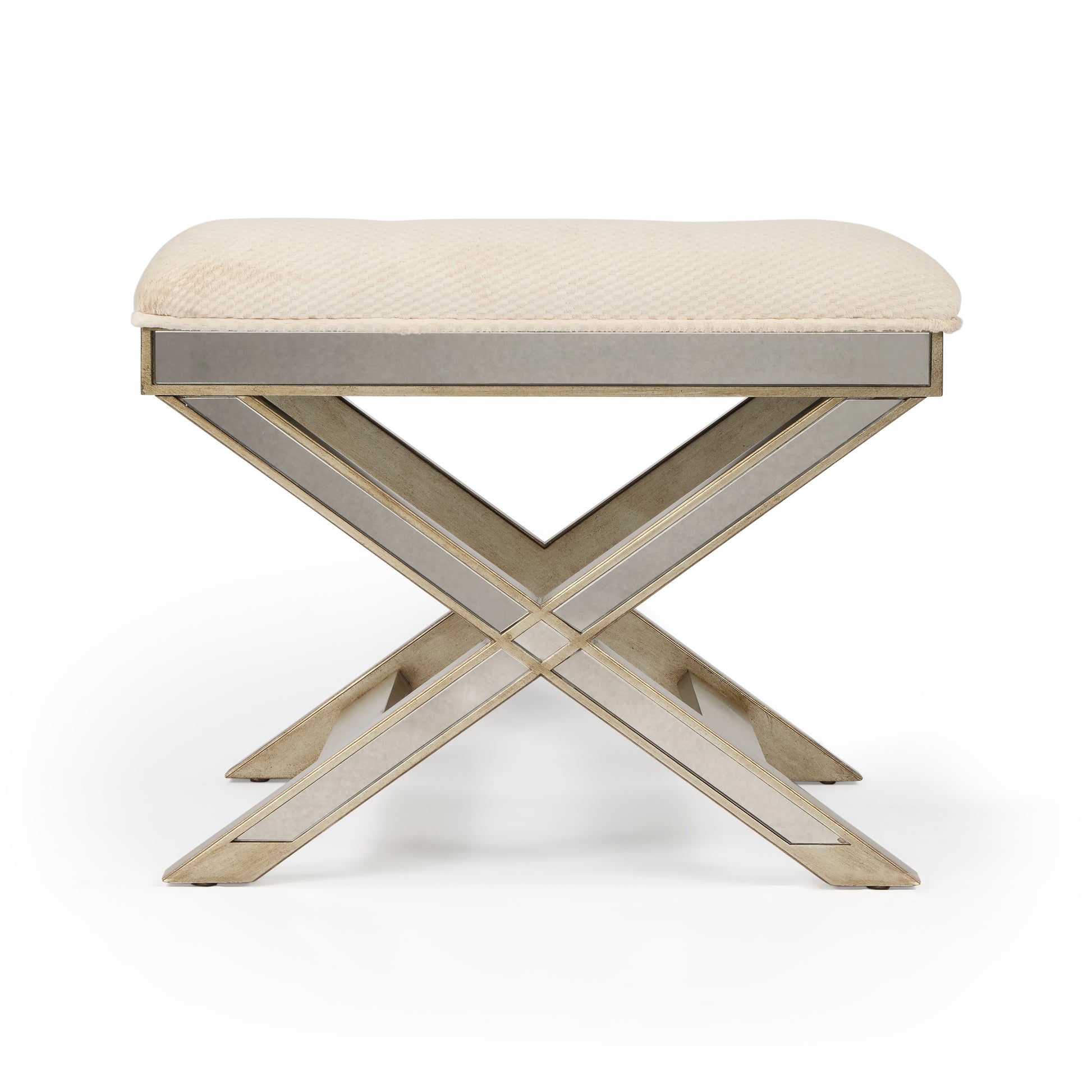 Butler Specialty Company Marlo 26 in. W Rectangular Wood and Antique Mirrored Upholstered Vanity Stool, Cream