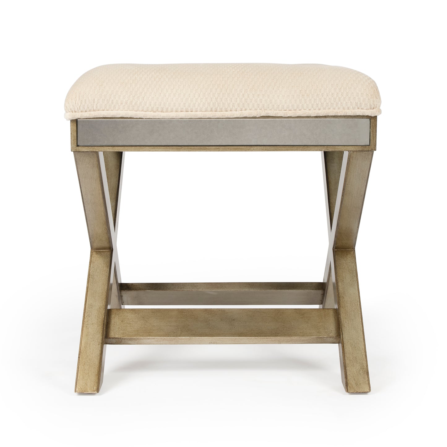 Butler Specialty Company Marlo 26 in. W Rectangular Wood and Antique Mirrored Upholstered Vanity Stool, Cream