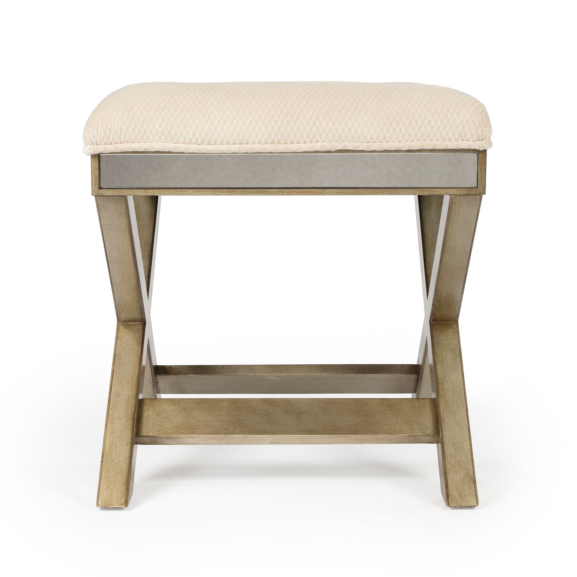 Butler Specialty Company Marlo 26 in. W Rectangular Wood and Antique Mirrored Upholstered Vanity Stool, Cream