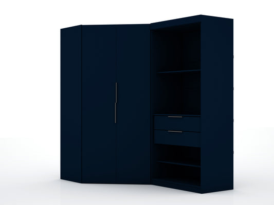Manhattan Comfort Mulberry 2.0 Semi Open 2 Sectional Modern Wardrobe Corner Closet with 2 Drawers - Set of 2 in Tatiana Midnight Blue 125GMC4