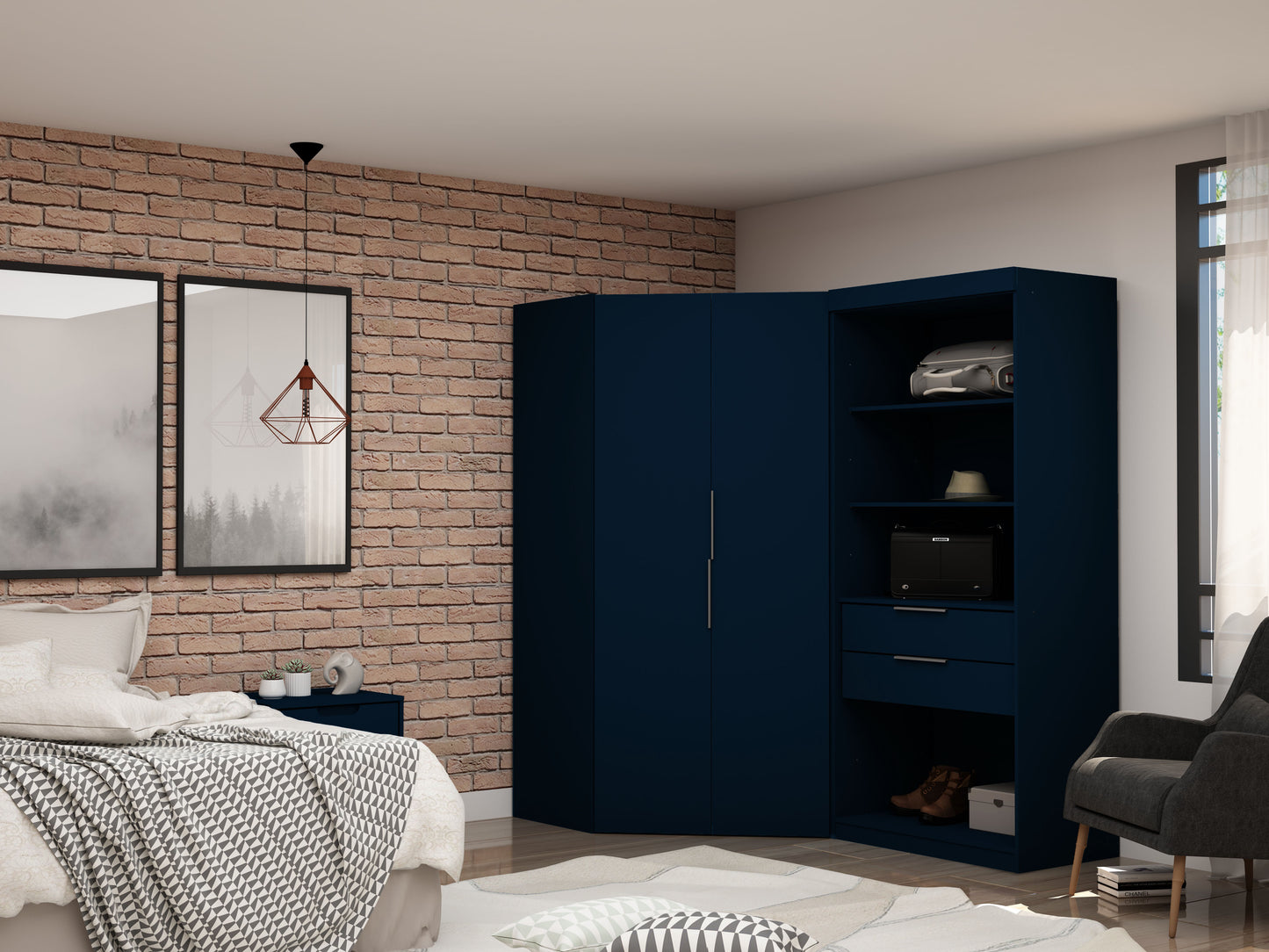 Manhattan Comfort Mulberry 2.0 Semi Open 2 Sectional Modern Wardrobe Corner Closet with 2 Drawers - Set of 2 in Tatiana Midnight Blue 125GMC4