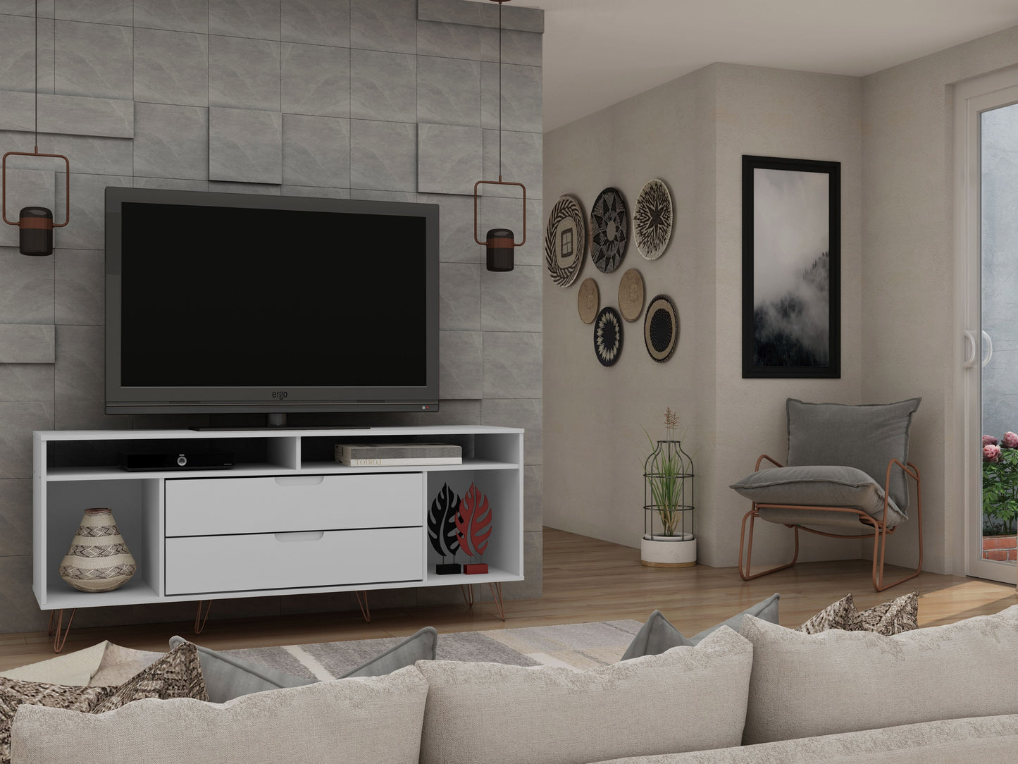 Manhattan Comfort Rockefeller 62.99 TV Stand with Metal Legs and 2 Drawers in White 130GMC1