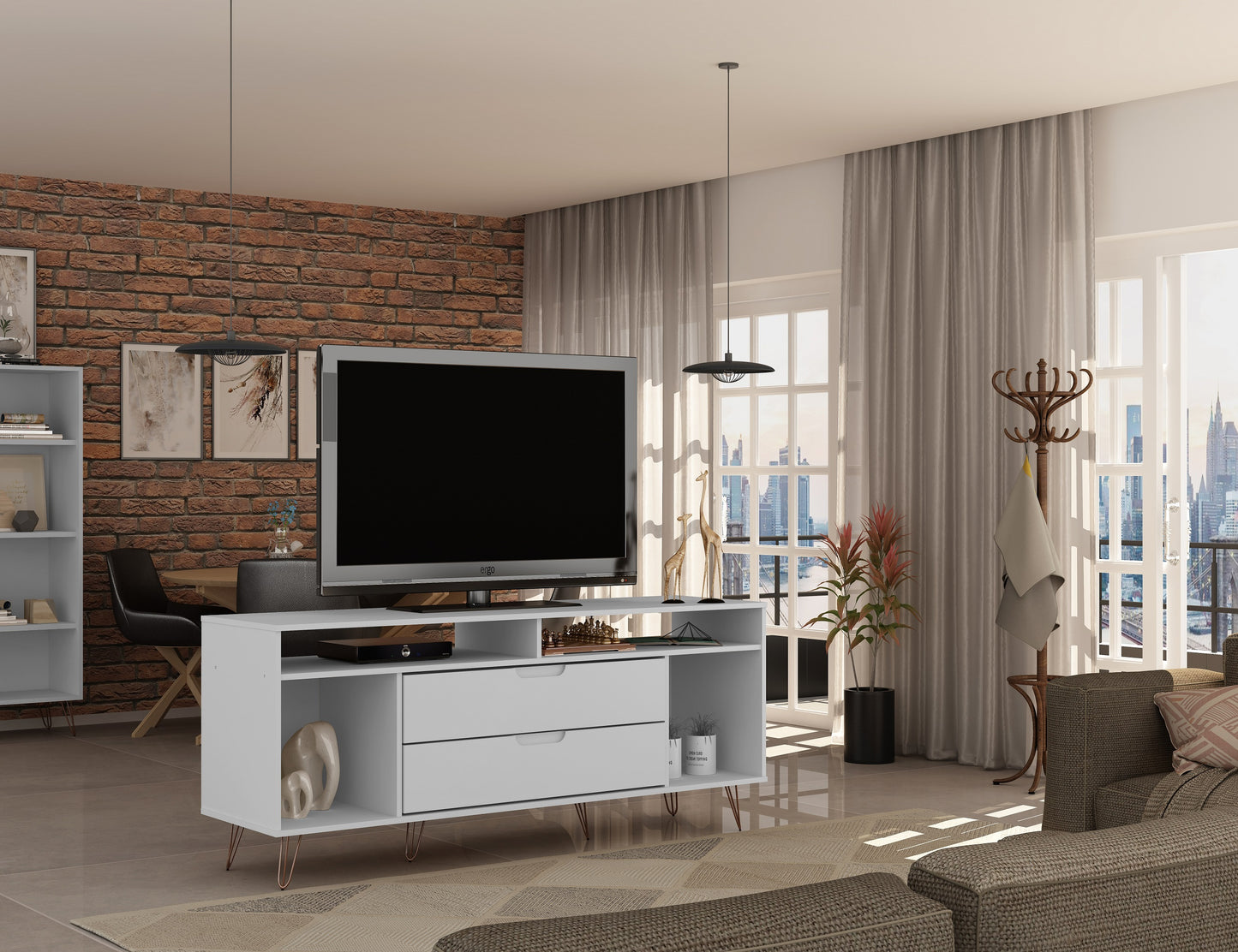 Manhattan Comfort Rockefeller 62.99 TV Stand with Metal Legs and 2 Drawers in White 130GMC1
