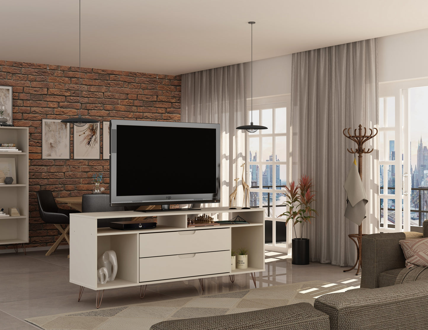 Manhattan Comfort Rockefeller 62.99 TV Stand with Metal Legs and 2 Drawers in Off White 130GMC3