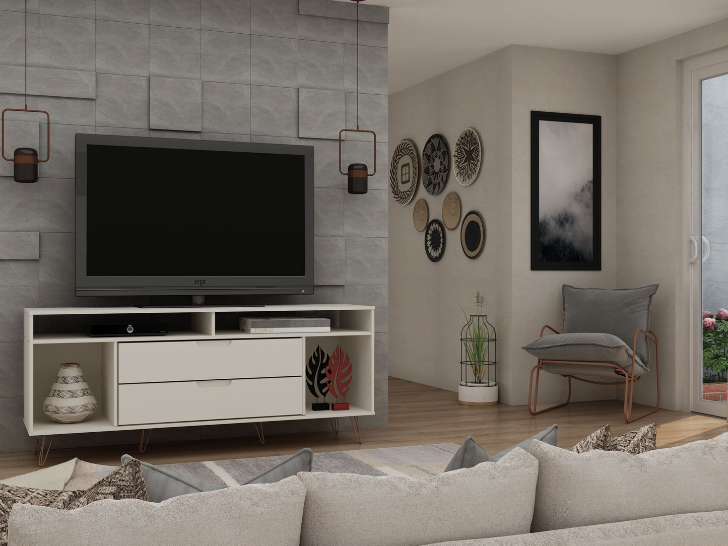 Manhattan Comfort Rockefeller 62.99 TV Stand with Metal Legs and 2 Drawers in Off White 130GMC3