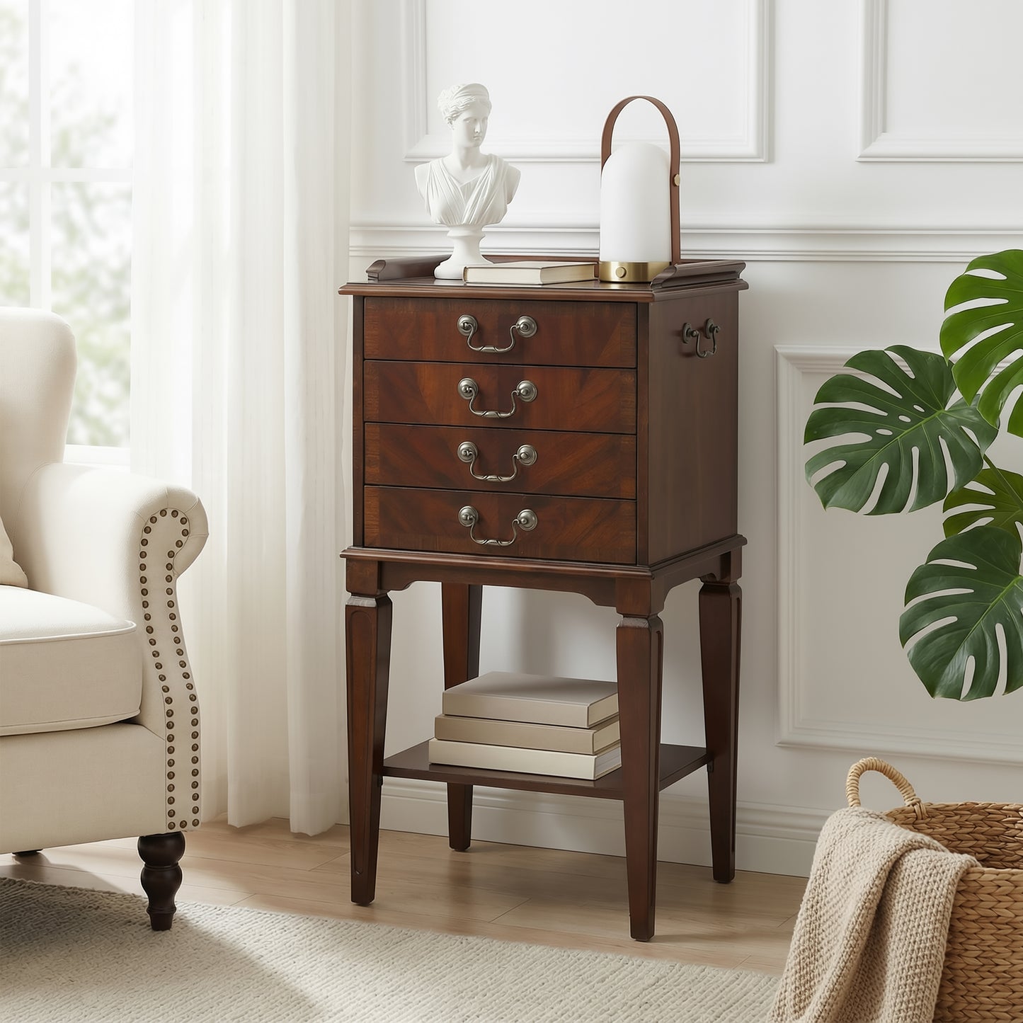 Butler Specialty Company Hardwick 18 in. W Rectangular Wood 4 Drawer Traditional Accent Chest with Lower Open Shelf, Dark Brown