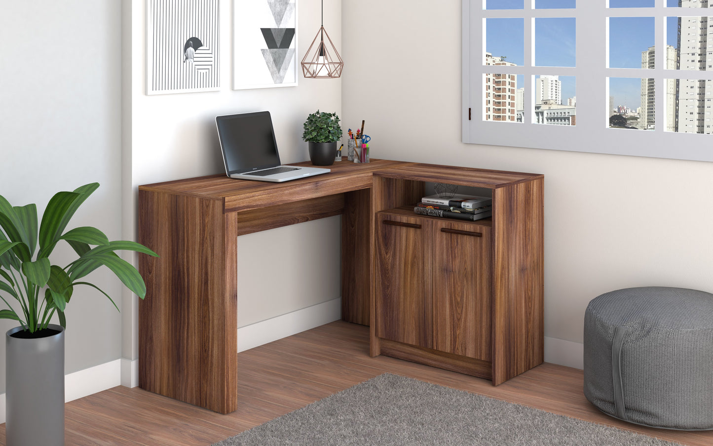Manhattan Comfort Kalmar L-Shaped Office Desk with Inclusive in Dark Brown 138AMC164