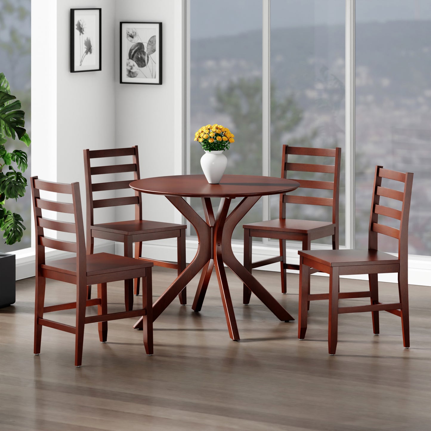 Lexa Dining Table with Splayed Legs, Walnut Finish with 4 Hamilton Dining Chairs