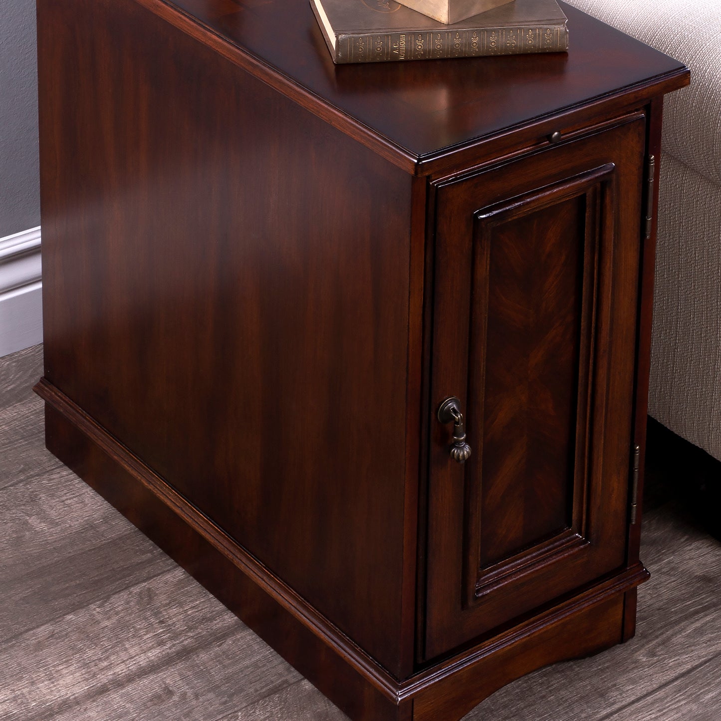 Butler Specialty Company Harling 12 in. W Rectangular Wood 1 Door-1 Shelf Side Table with Pull-Out Tray, Dark Brown