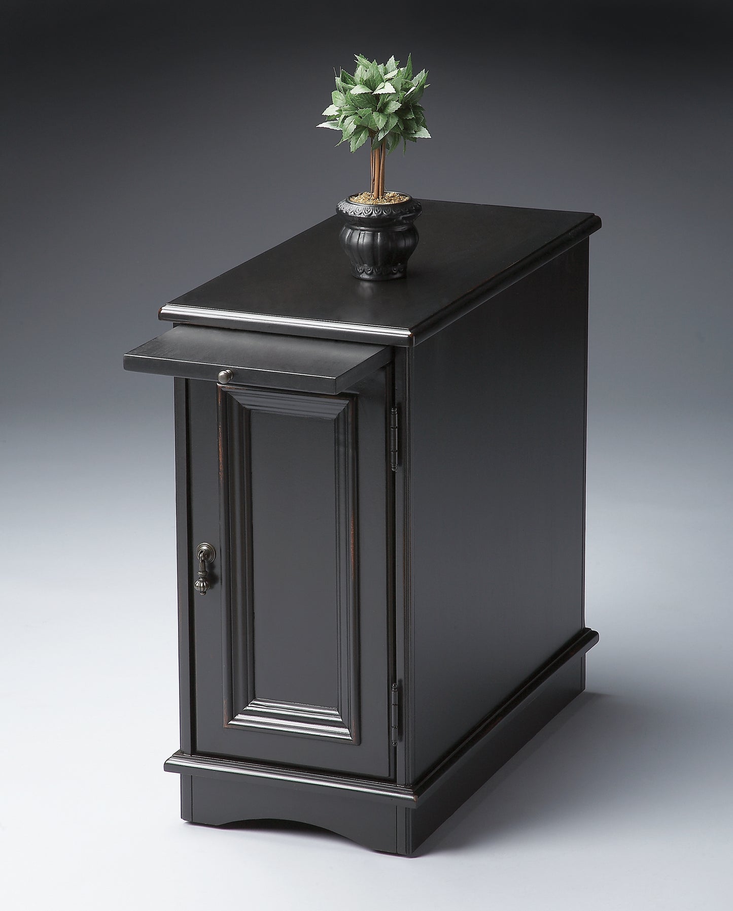 Butler Specialty Company Harling 12 in. W Rectangular Wood 1 Door-1 Shelf Side Table with Pull-Out Tray, Black
