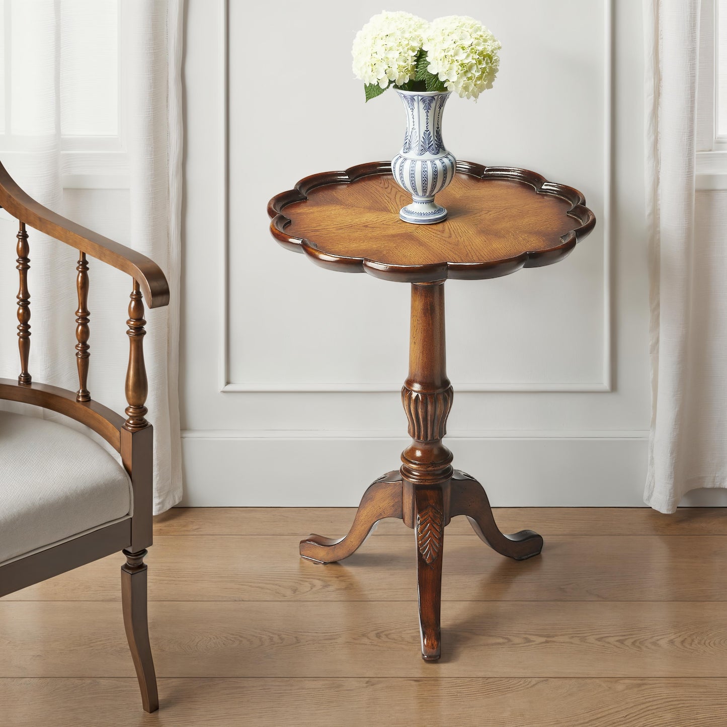 Butler Specialty Company Dansby 20 in. W Round Wood Scalloped Edge Pedestal Side Table, Medium Brown