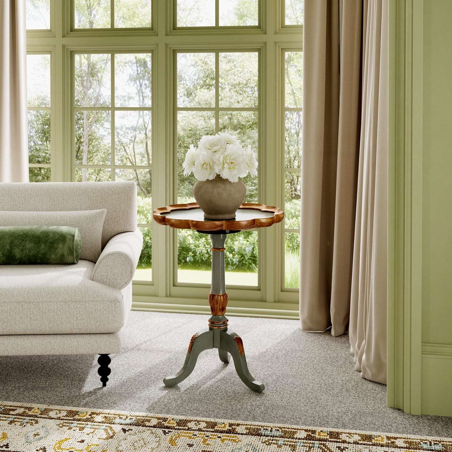Butler Specialty Company Dansby 20 in. W Round Wood Scalloped Edge Pedestal Side Table, Pastel Green