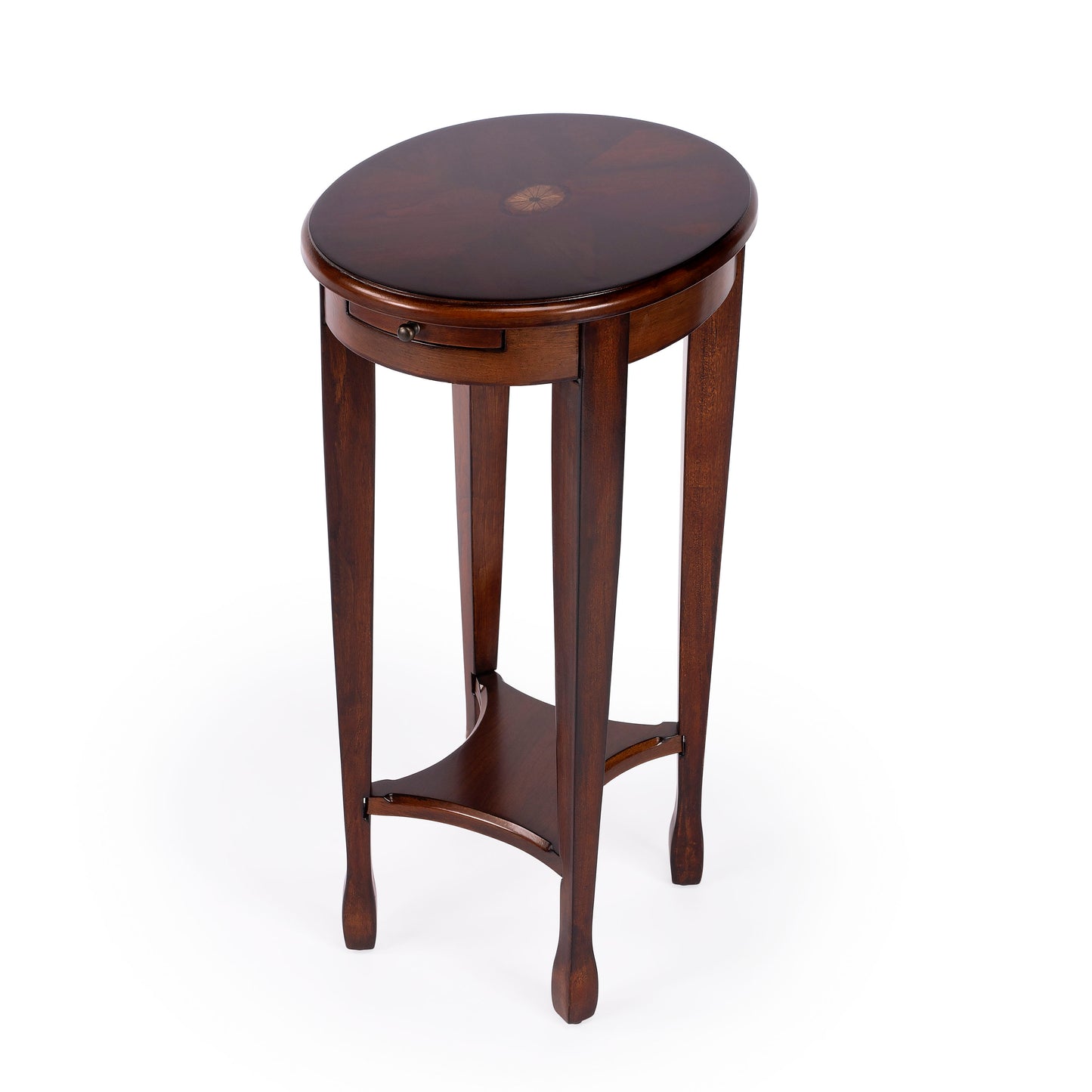 Butler Specialty Company Arielle 12.5 in. W Round Wood Petite Side Table with Pull-Out Tray and Lower Open Shelf, Dark Brown
