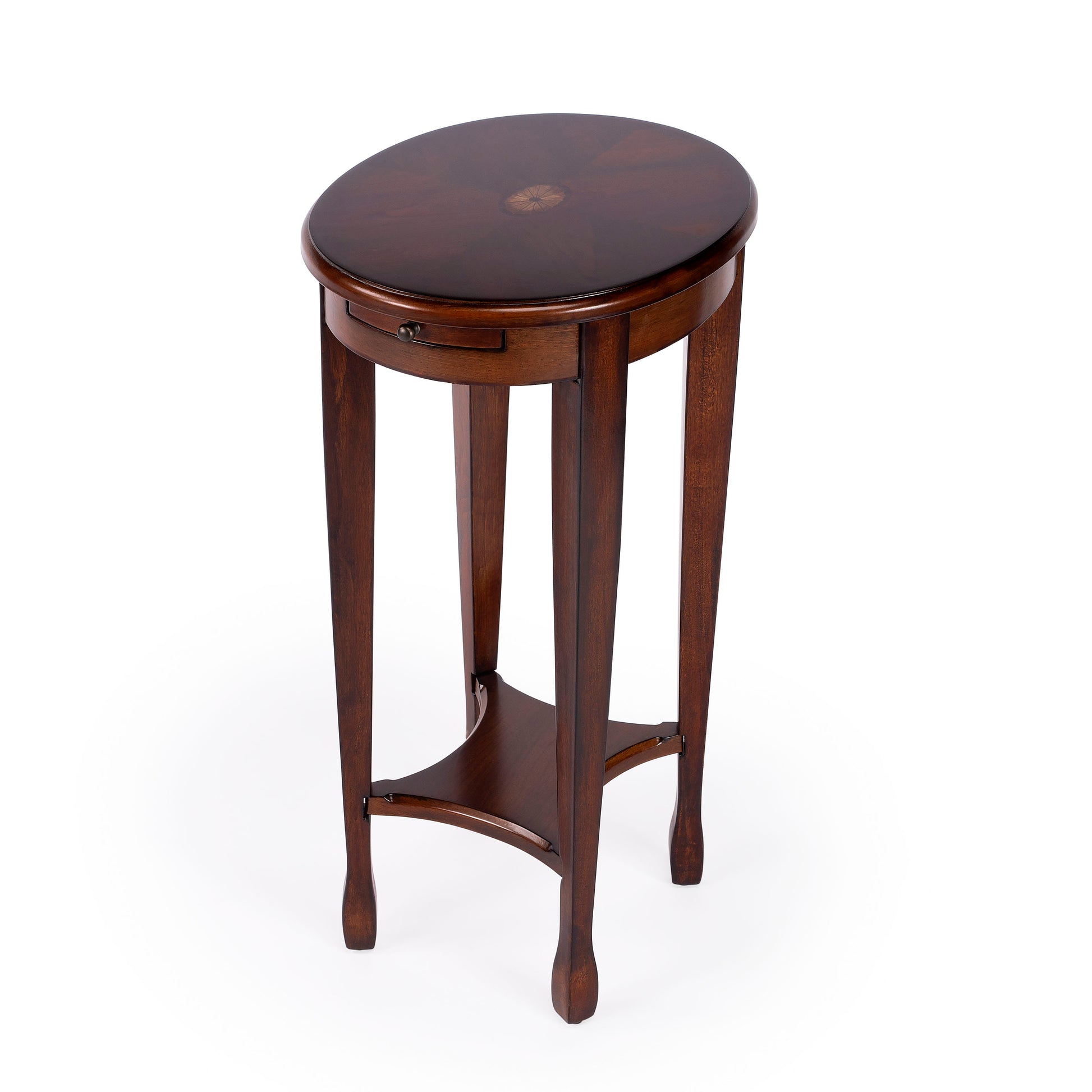 Butler Specialty Company Arielle 12.5 in. W Round Wood Petite Side Table with Pull-Out Tray and Lower Open Shelf, Dark Brown